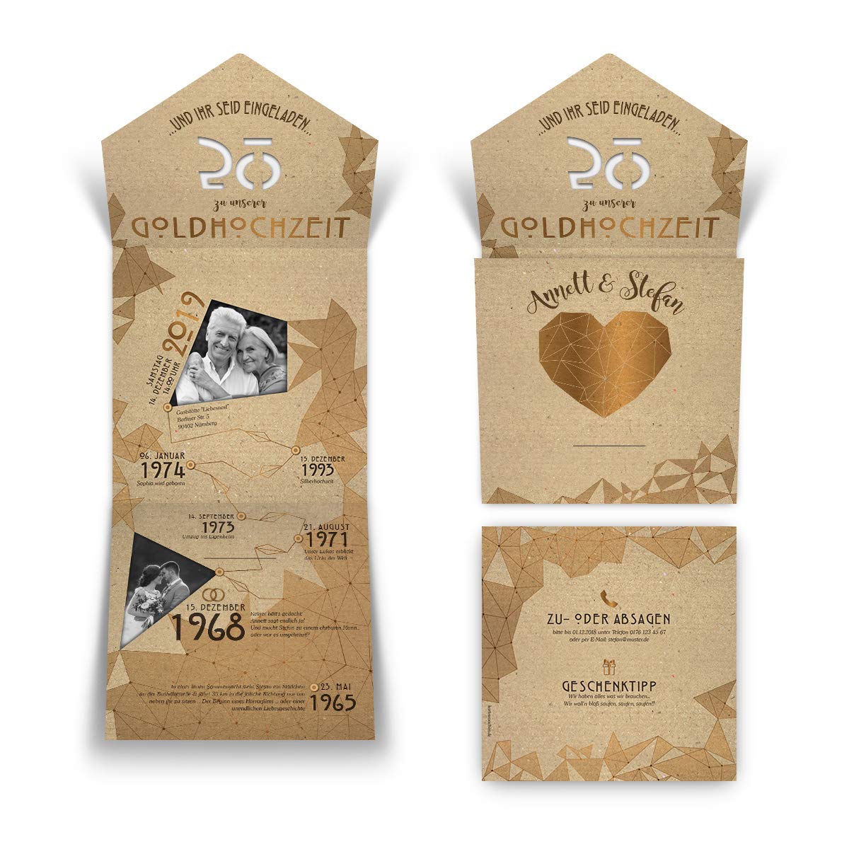 20 x Individuelle Lasergeschnittene goldene Hochzeit Einladungskarten als Klappkarte mit Steckversschluss - gemeinsame Erinnerungen