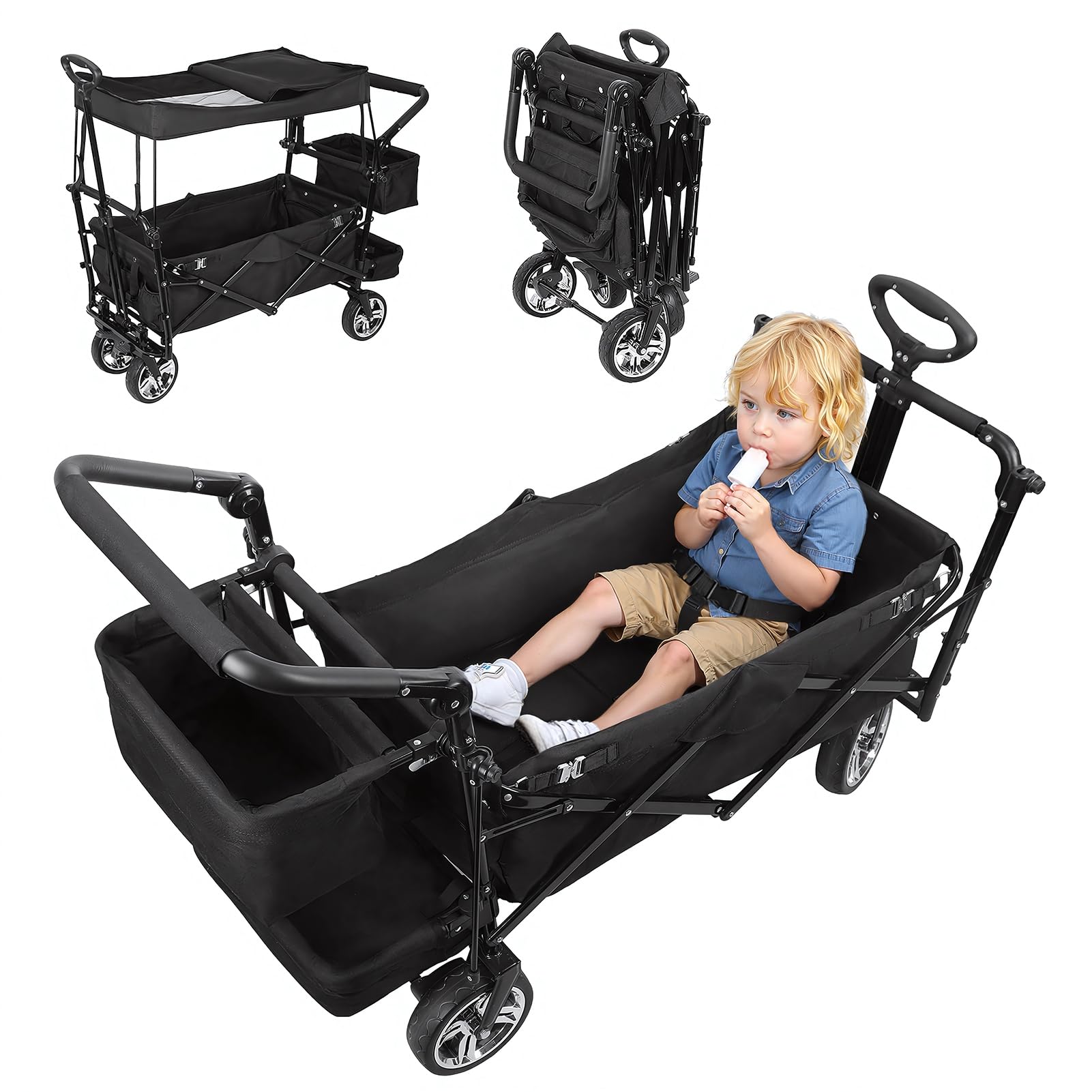 Collapsible Wagon with Canopy, Foldable Garden Cart with Adjustable Push Pulling Handles, All-Terrain Wheels & Rear Storage,220lbs Heavy Duty Outdoor Utility Wagon Stroller for Camping, Shopping Black