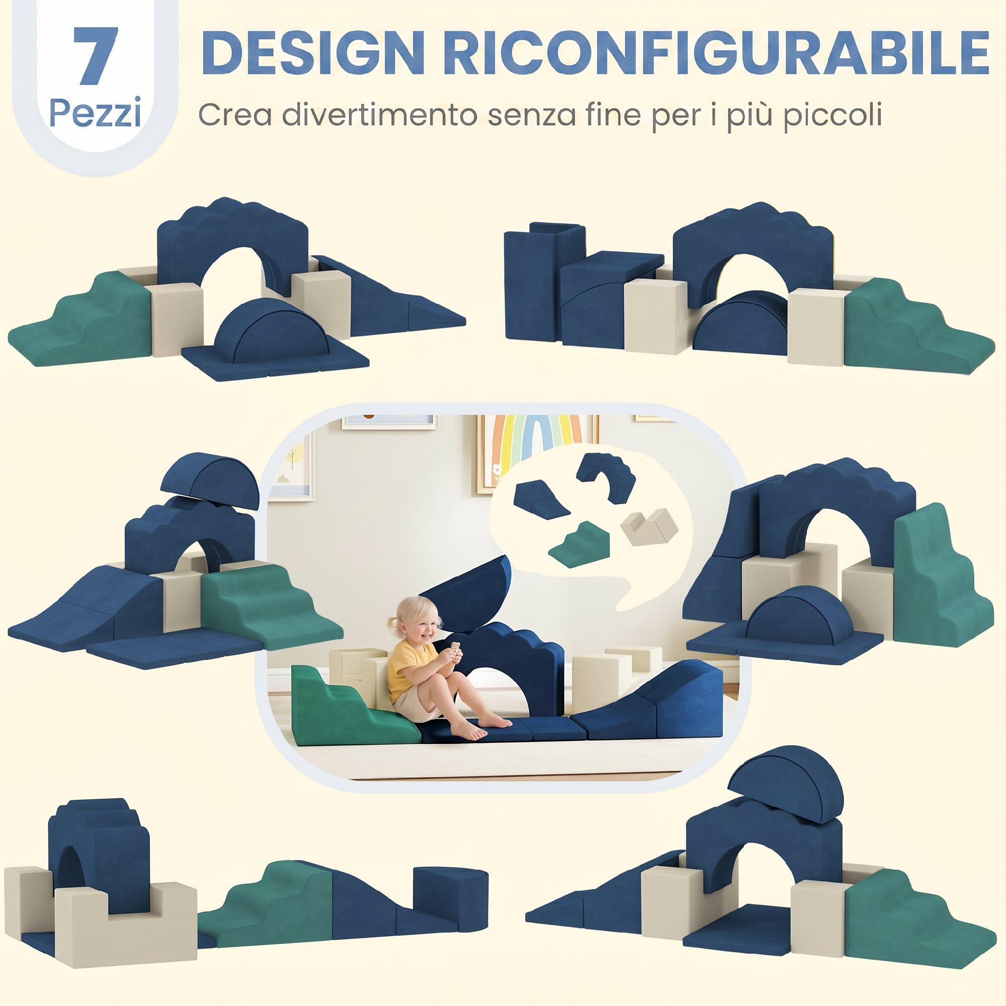 AIYAPLAY Set 7 Costruzioni Morbide Bambini 0.5-3Anni con Base Antiscivolo | Set Gioco Blocchi Morbidi, in Schiuma e Velluto, Facile Pulizia, Giocattoli Arrampicata, Cameretta Casa Asilo