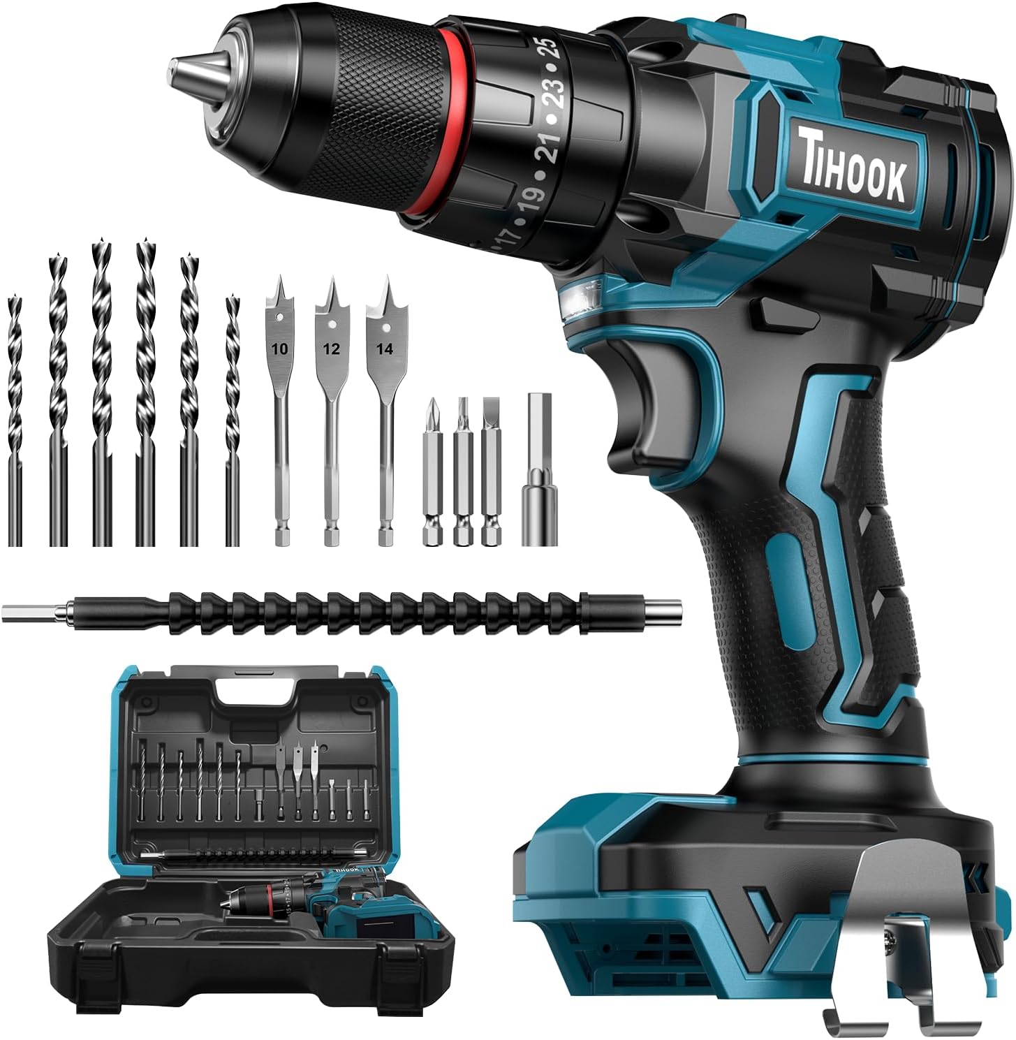 Cordless Power Drill Set for Makita 18V Battery, 90N.m Max Brushless Motor Electric Screwdriver, 25+3 Torque, 3/8" Chuck, 2 Speed, LED Light, 16Pcs Combi Hammer Drill with Case (NO Battery)