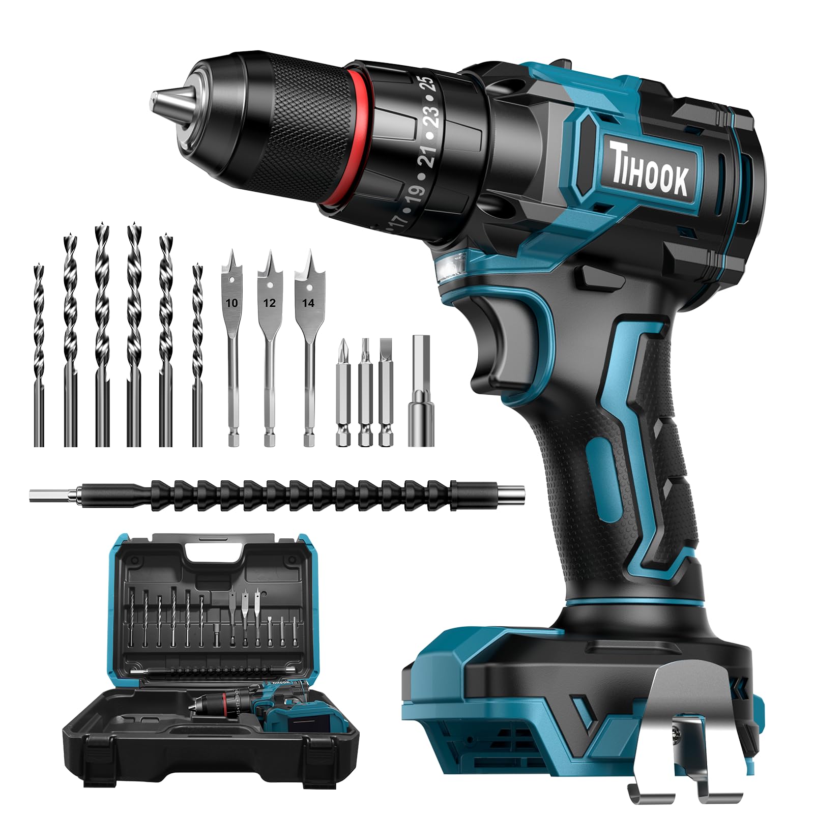 Cordless Power Drill Set for Makita 18V Battery, 90N.m Max Brushless Motor Electric Screwdriver, 25+3 Torque, 3/8" Chuck, 2 Speed, LED Light, 16Pcs Combi Hammer Drill with Case (NO Battery)