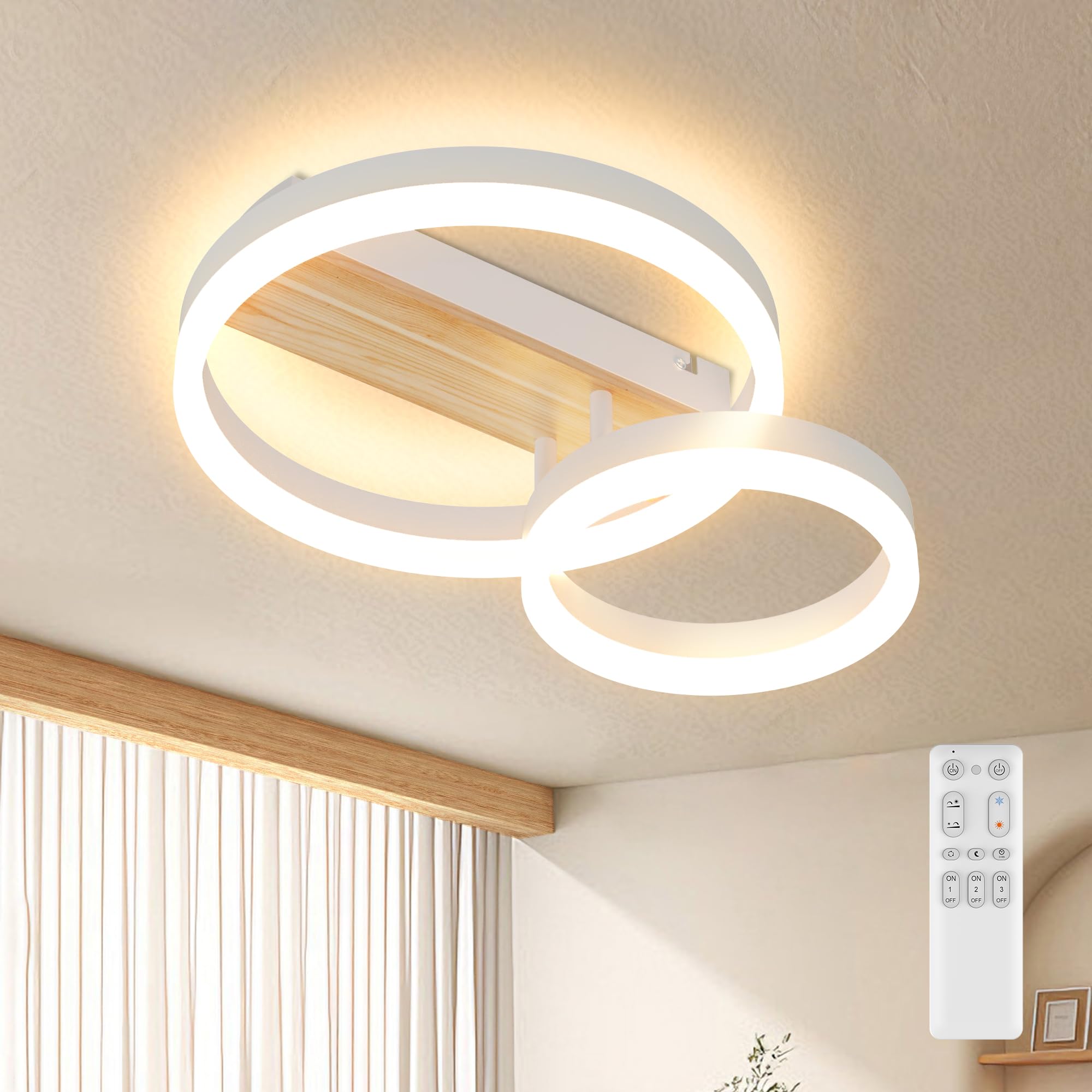 FANLG LED Deckenleuchte Dimmbar 40cm Deckenlampe Schlafzimmer 2-Ringe Design, 22W Moderne Deckenleuchte Wohnzimmer mit Nachtlicht Lampe decke für Schlafzimmer, Esszimmer, Büro,Weiß+holz