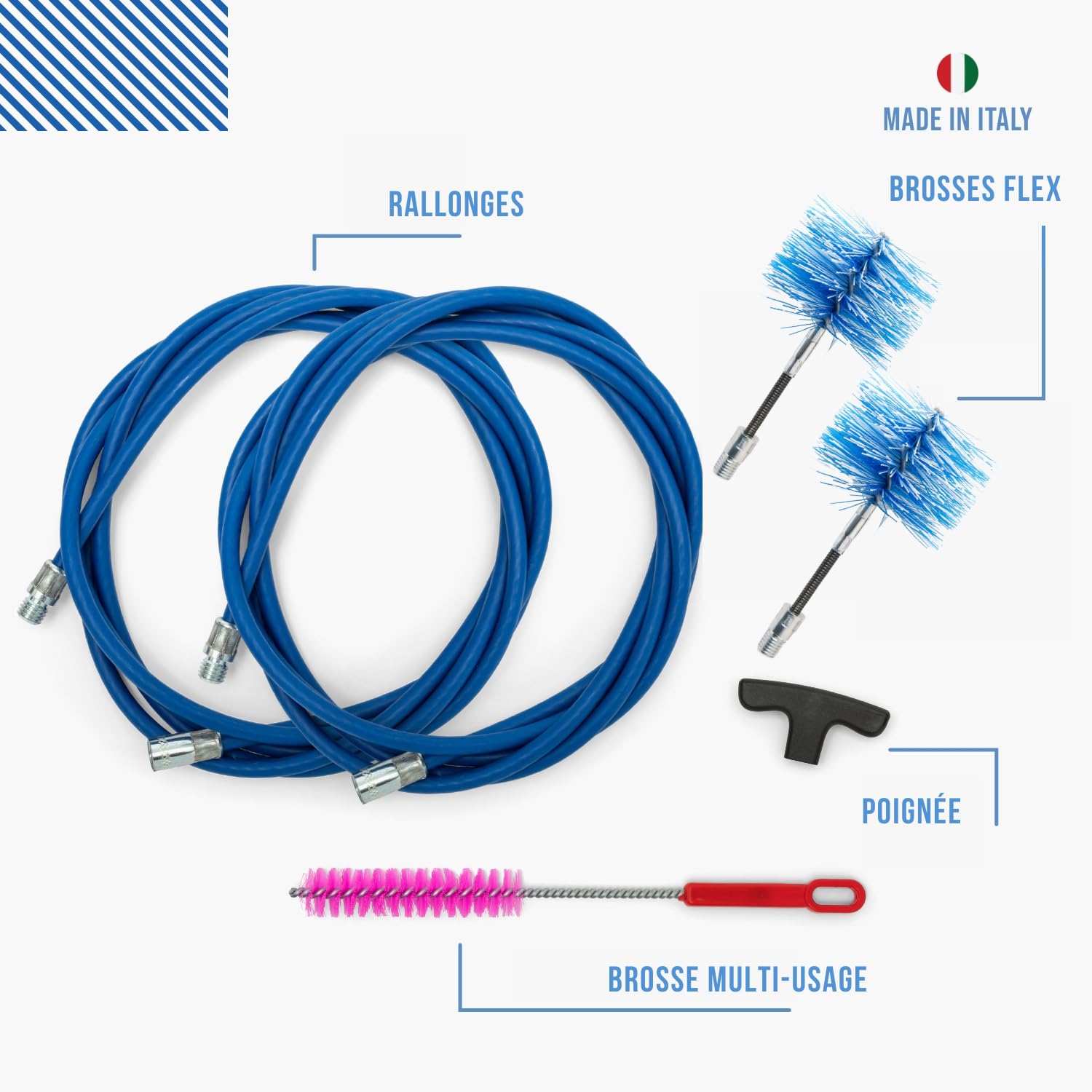 BARETTO Flex | Kit de ramonage poêle à granulés | Conduit de fumée Ø 80 + 100 mm | Longueur 6 m | 2 hérissons articulés | Raccord M12