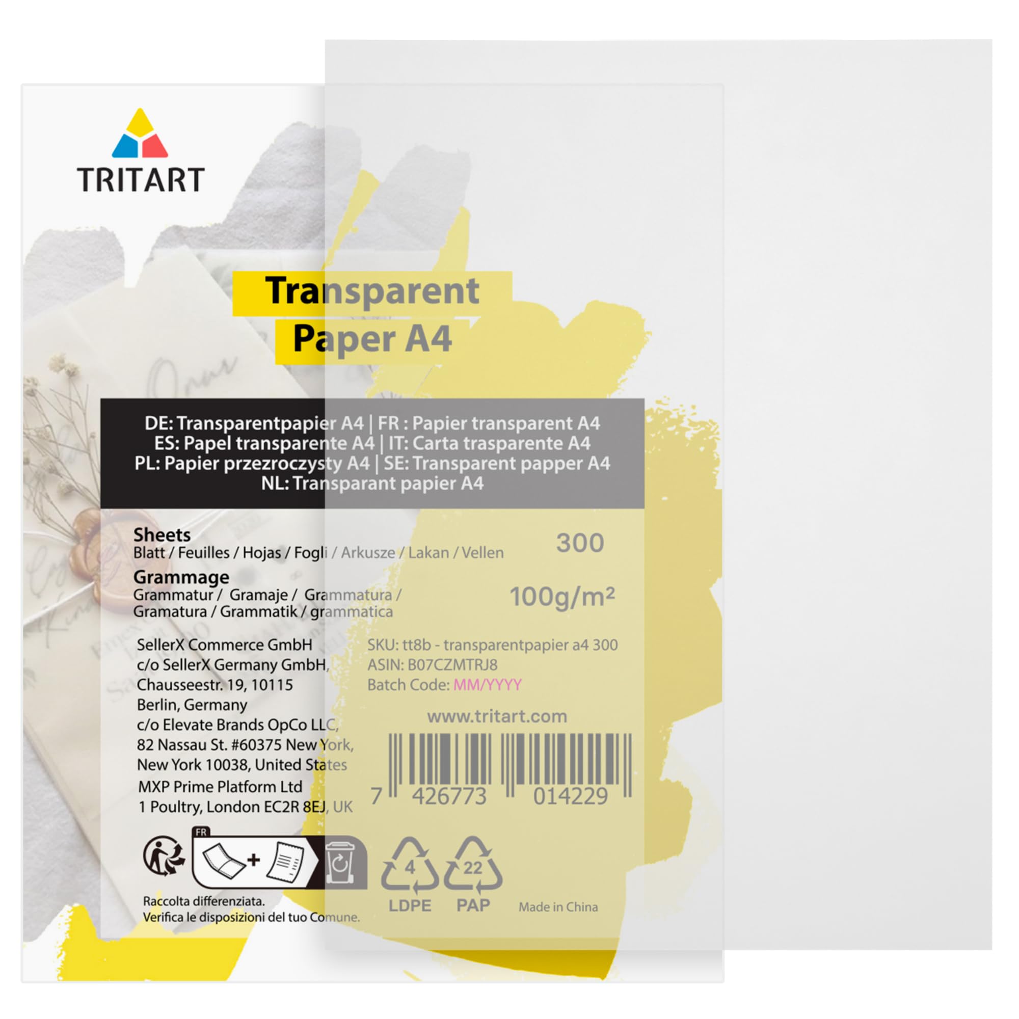 Lot de 110 feuilles de papier calque - Format A4-60 g/m² - Blanc - Transparent - Pour croquis, emballage, bricolage, impression, dessin architectural