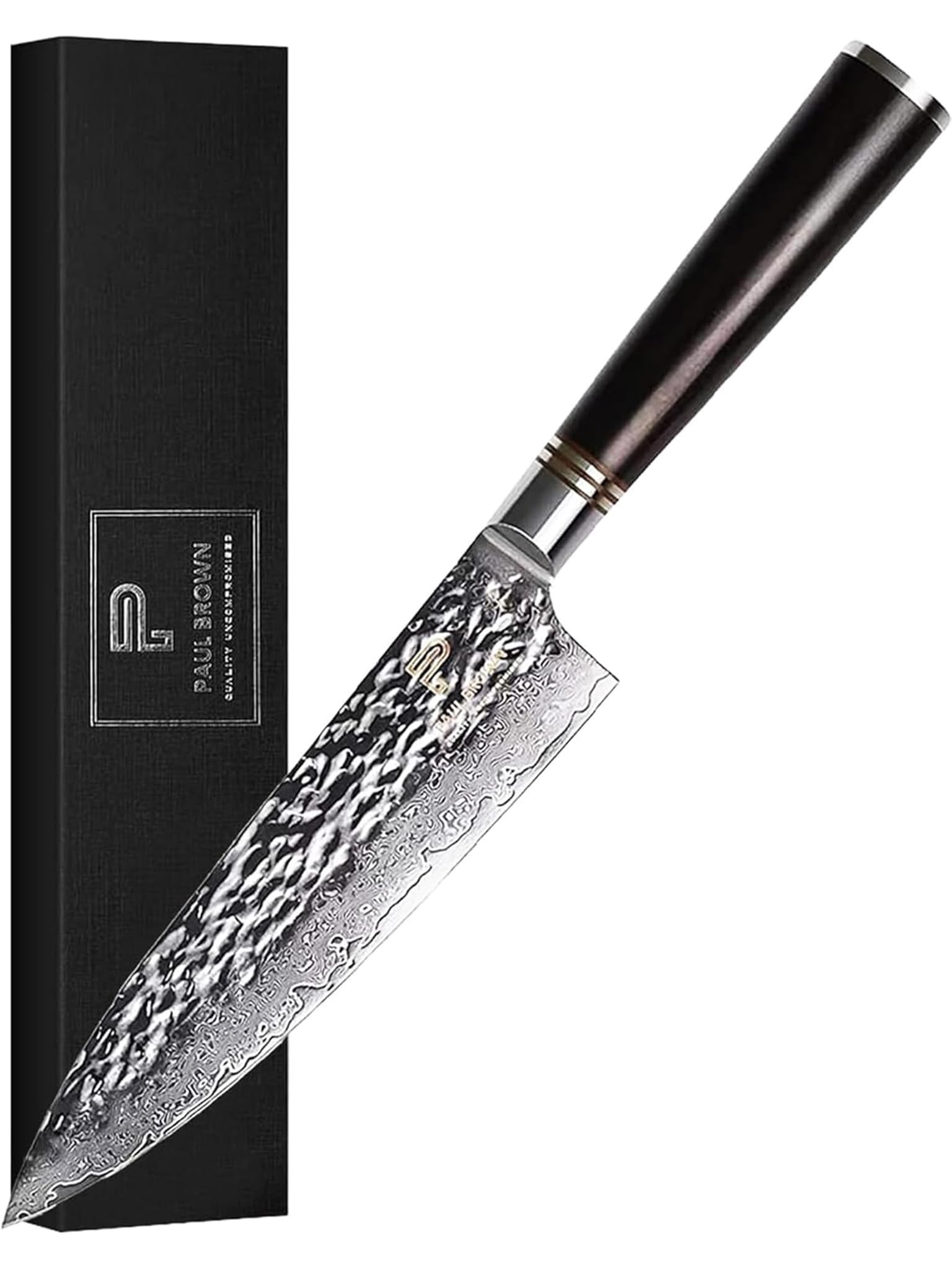 Paul Brown8 Inch Japanese VG10 Steel 67 Layers Damascus with Ebony Wood Handle Hammer Pattern Chef Knife.