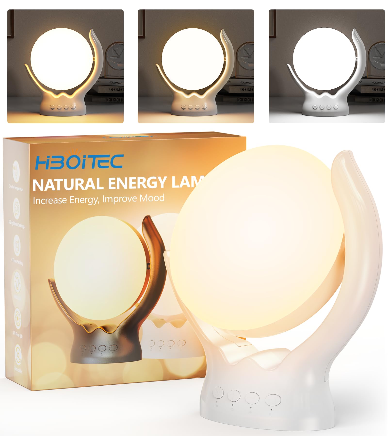 HIBOITEC Light Therapy Lamp, UV-Free 10000 Lux Therapy Light, Rotatable Sunlight Lamp with 3 Color Temperature & 5 Adjustable Brightness Levels & Timer & Memory Function, Home/Office/Decoration