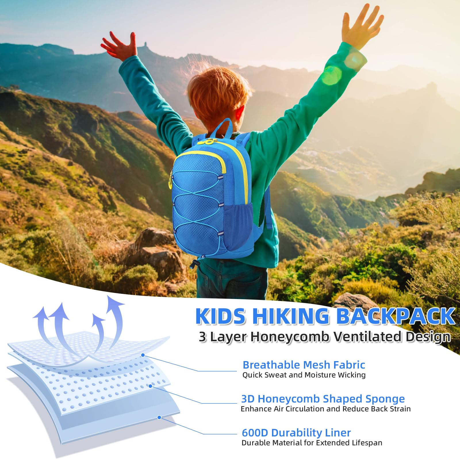 Unineovo 10L Kids Hiking Backpack, Small Waterproof Travel Daypack for Camping, Lightweight Pack for Boys or Girls Ages 4-12 (Blue)