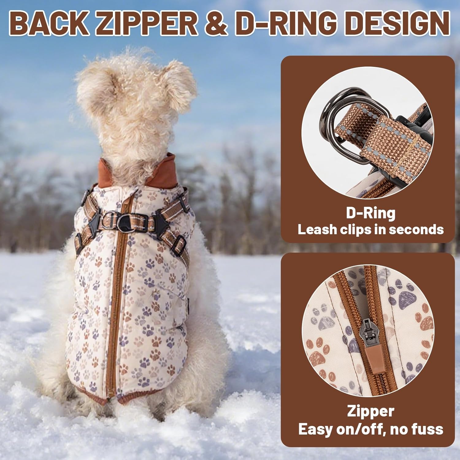 Dog Winter Coat for Small & Medium Dogs, Waterproof Dog Coat with Harness, Puppies Windproof Puppy Puffer Jacket, Snowsuit for Dachshund, Frenchie, Corgi (Paw Brown,M)