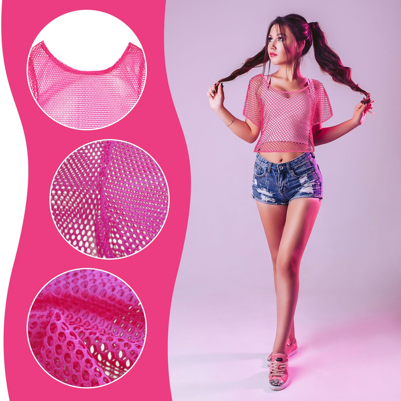 FUIPVGI 2 Pcs 80s Fancy Dress Fishnet Top for Women, Neon Mesh Tops, Halloween Costumes Set, Off The Shoulder T-Shirt 1980s, Fishnet Costume Accessories (Pink, Black) - Image 2