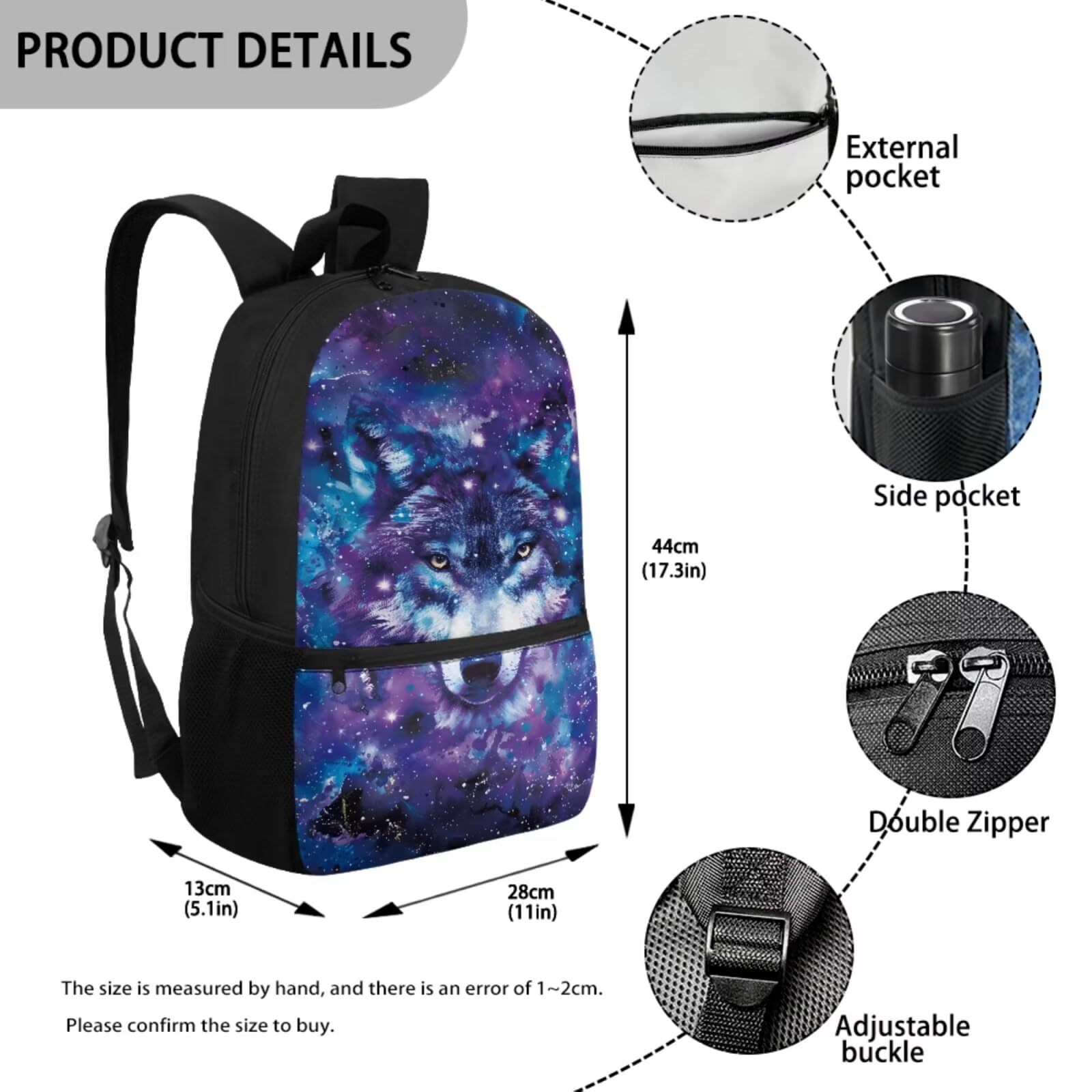 Kinder-Rucksack-Set, 5-teilig, mit Lunchtasche, Federmäppchen und 2-teiligem Lesezeichen für Grundschulkinder, Galaxy Wolf, Modern
