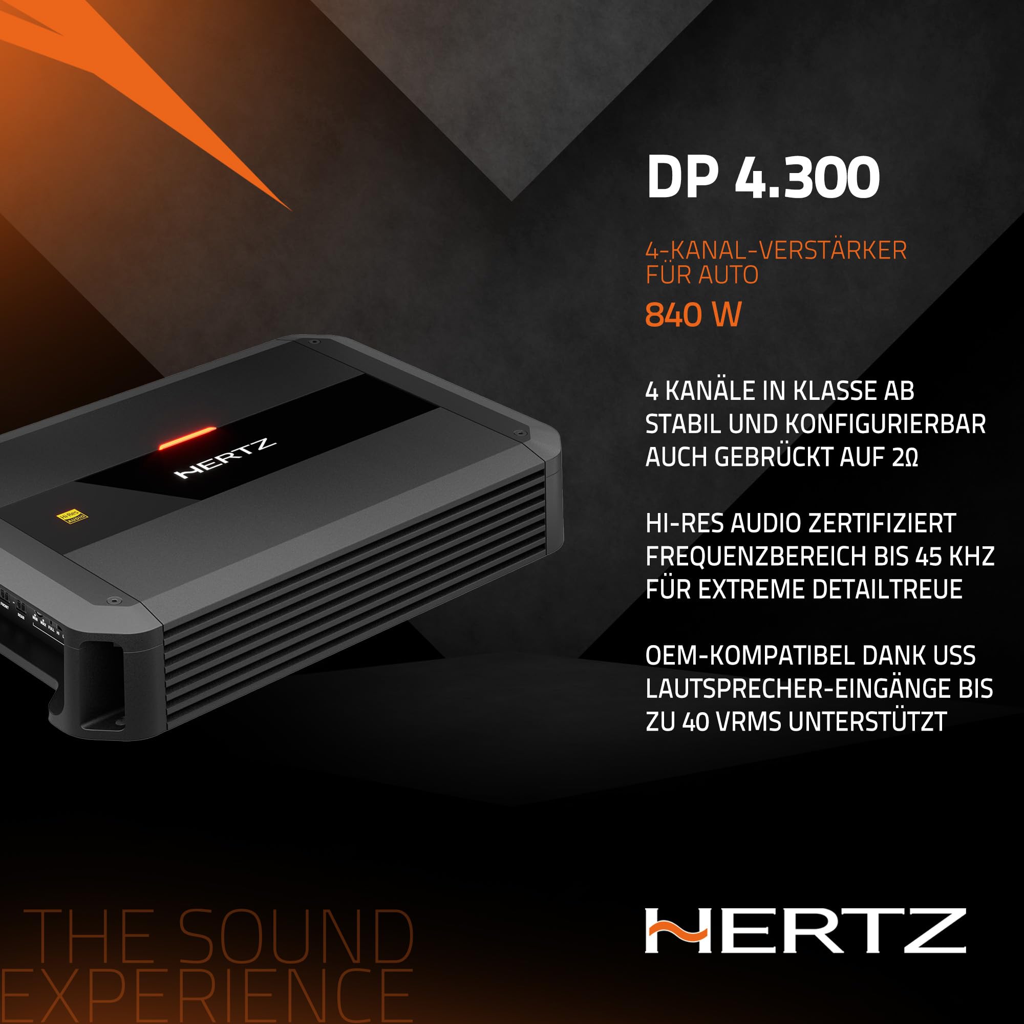 Hertz Dieci Power DP 4.300 – 4-Kanal Auto-Verstärker in Class AB, 4x105W an 2 Ohm, entwickelt für Audiosysteme mit hoher Dynamik – HI-Res Audio