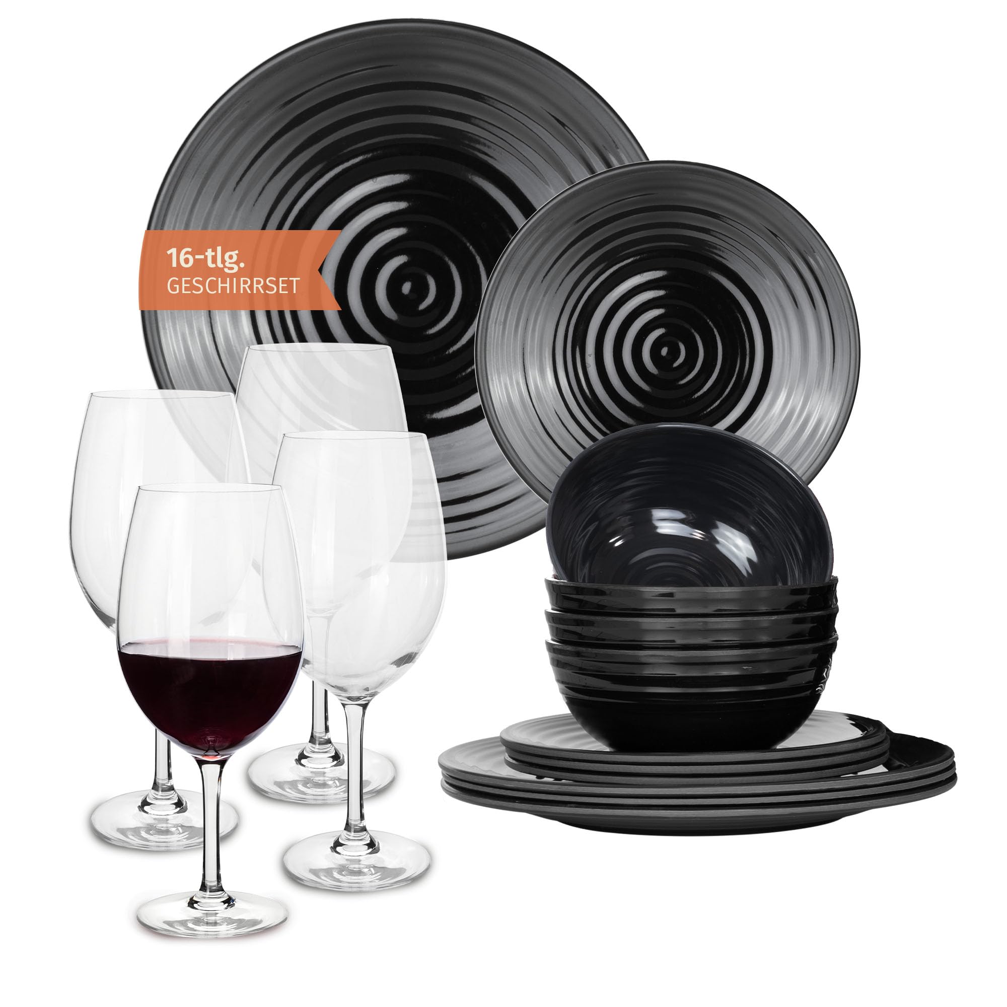 Juego de vajilla de melamina para camping, 4 personas, color negro oscuro + 4 vasos de vino tinto Timo, copas de vino rojo, vajilla de pícnic, barbacoa