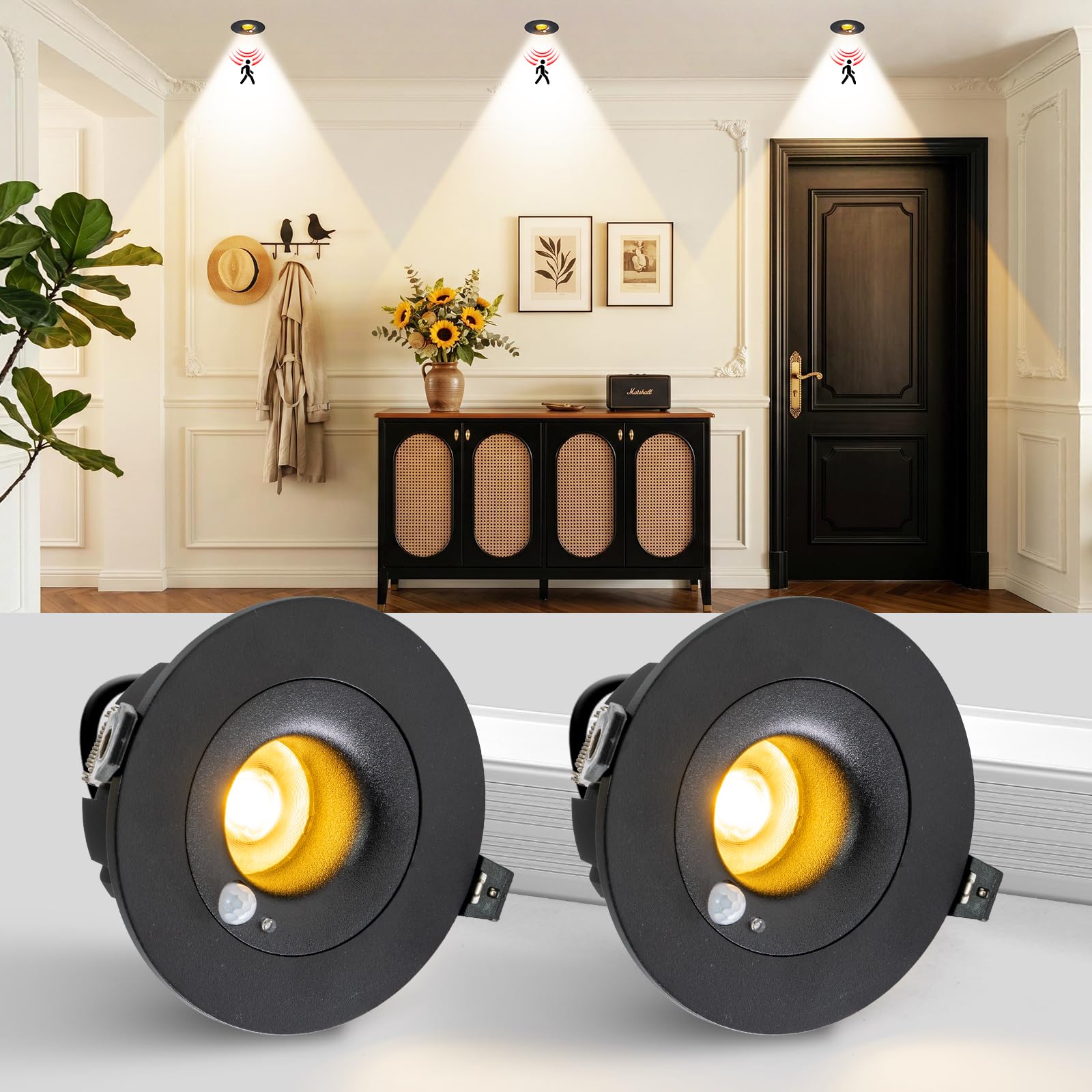 Einbaustrahler LED mit Bewegungssensor, 70mm 2er-Pack | 10W 1200LM 230V 3000K,4000K,6000K,Schwarz, ideal für Badezimmer, Küche, Flur & Treppenhaus