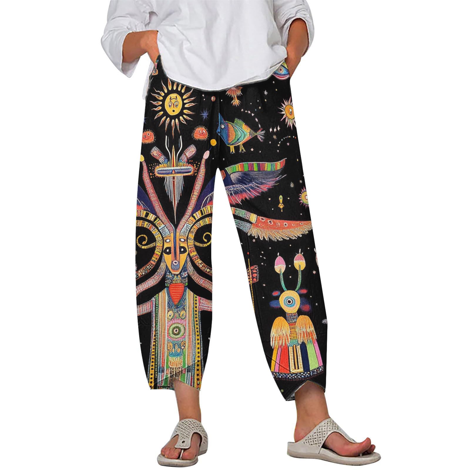 Linen Pants for Women Summer Casual Wide Leg Capri Pants Loose Fit Palazzo Pants Cropped Beach Pants with