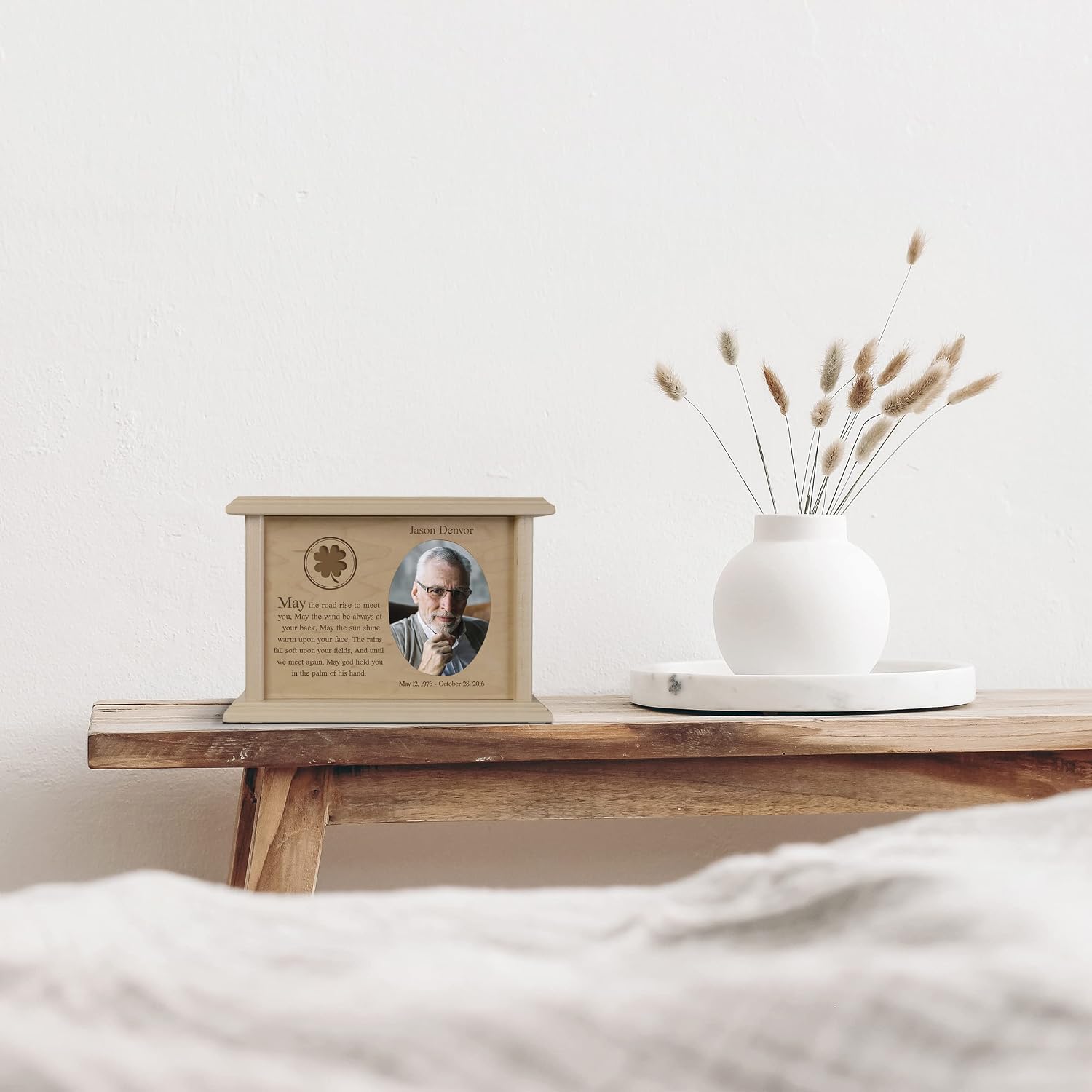LifeSong Milestones Wooden Urns for Ashes Adult Male Small Wall Urns for Human Ashes Adult Female Custom Photo Urns Cremation Keepsakes for Ashes Four Leaf Clover Urns Wood Baby Urns Decorative Urns