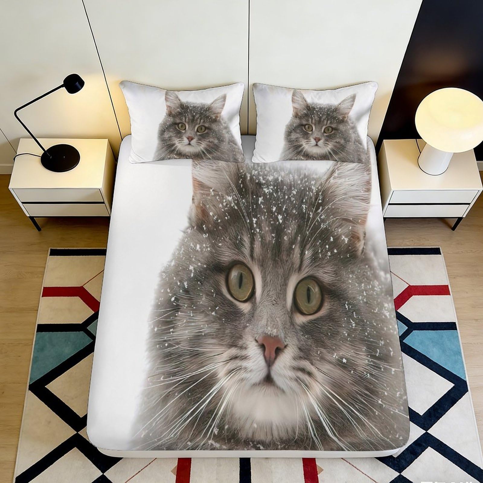 3D Printed Grey Tabby Cat Fitted Sheet Microfiber Soft Breathable Realistic Cat Face Bed Cover Bedroom Decor 90x200x25cm