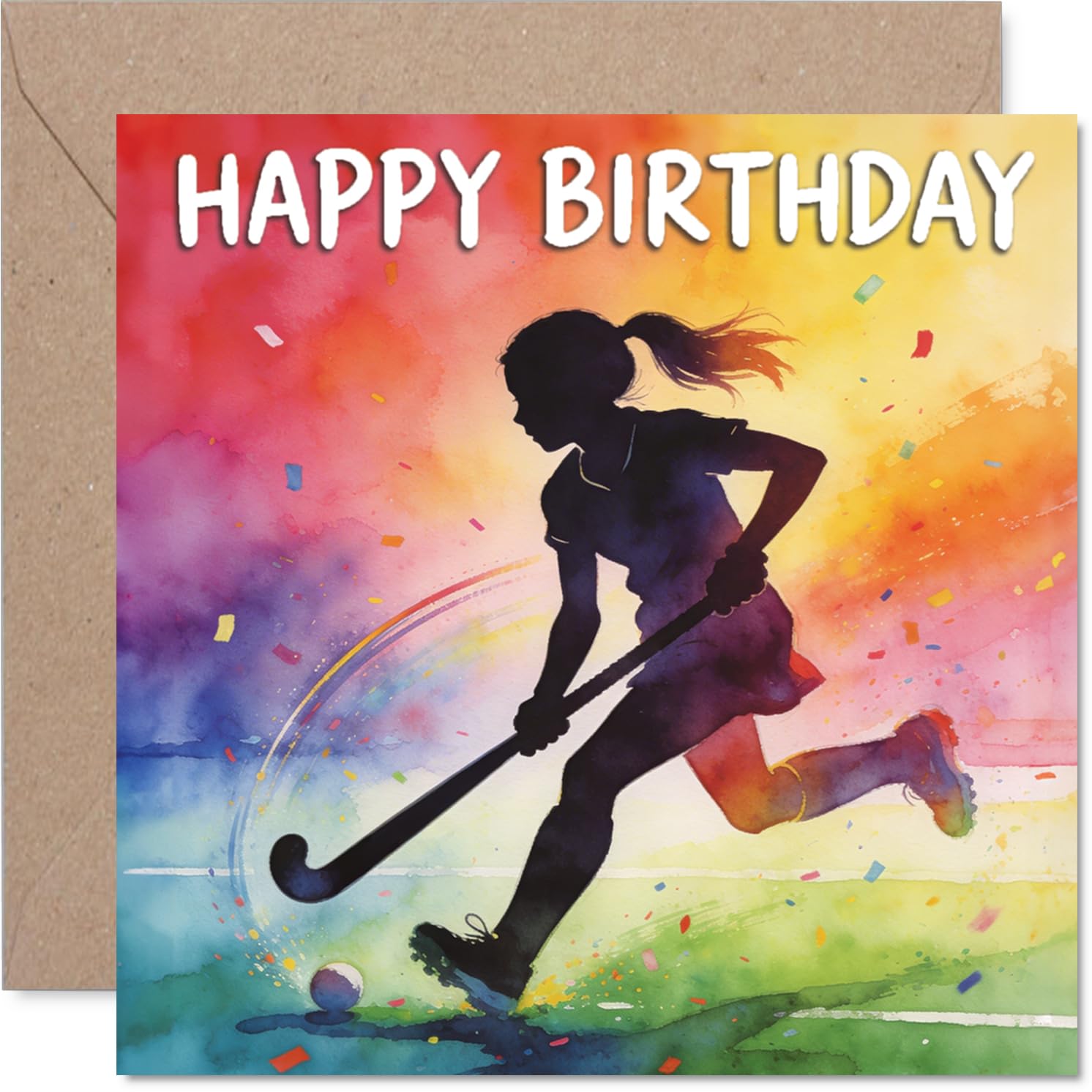 Playful Birthday Card - Bursting with Birthday Energy - Watercolour Girl Hockey Player in Action - Vibrant Sporting Celebration Card - 145mm Square, Envelope Included