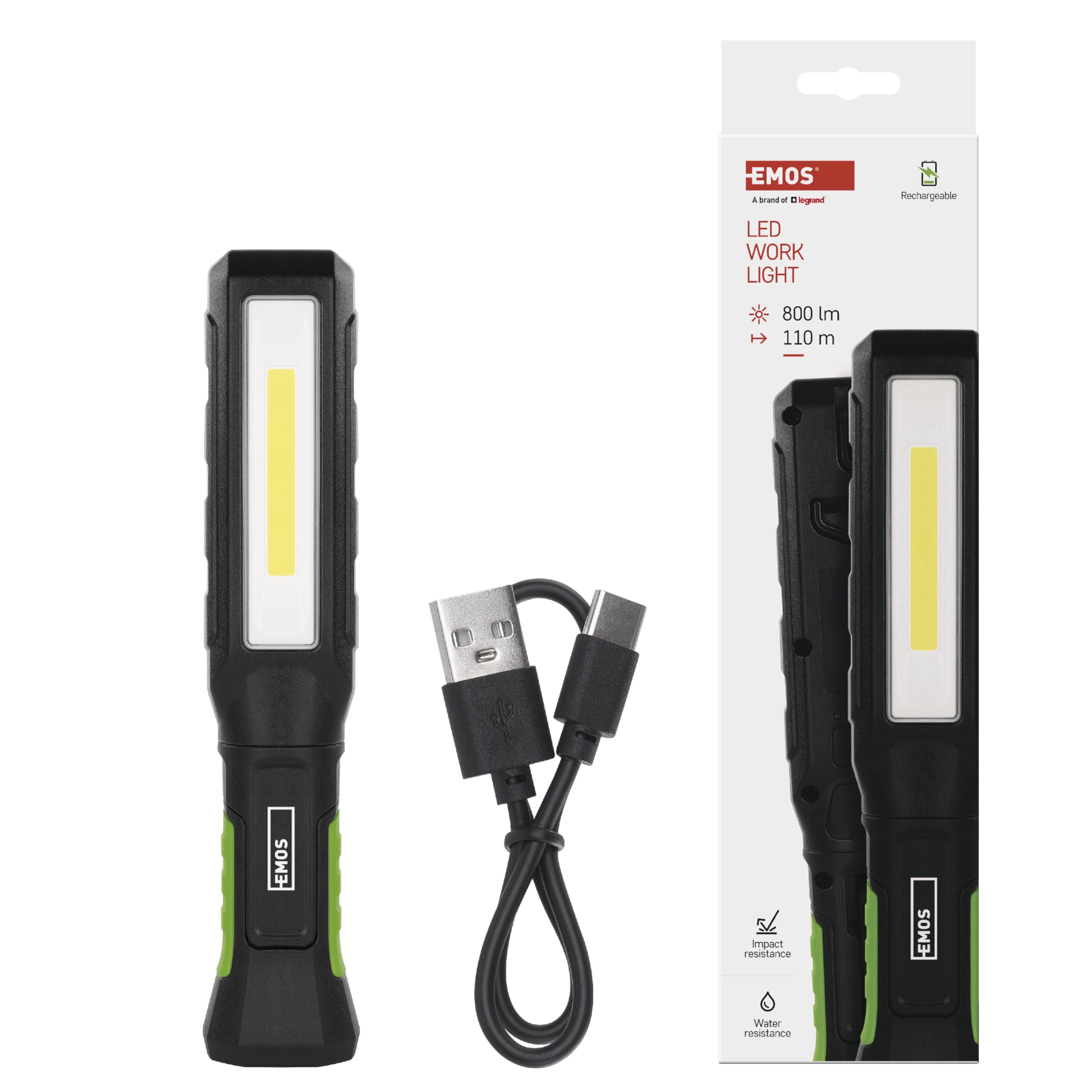 EMOS Wodoszczelna lampa robocza LED, ładowalna lampa warsztatowa z zginaną nóżką, hakiem i magnesem, 800 lm, zasięg świecenia 110 m, akumulator 2000 mAh z 7 godzinami świecenia i kablem do ładowania,