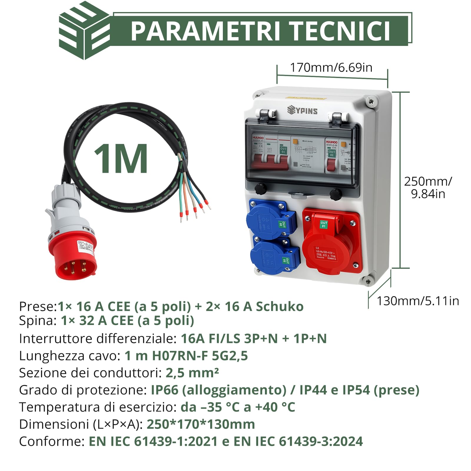 EYPINS Distributore di Corrente da Cantiere con Cavo 1M,2 Schuko+1 CEE 16 A | Protezione FI/LS,Presa Schuko e CEE,Quadro Elettrico Esterno da Parete,Impermeabile IP66,per Giardino,Garage,Officina,Cortile