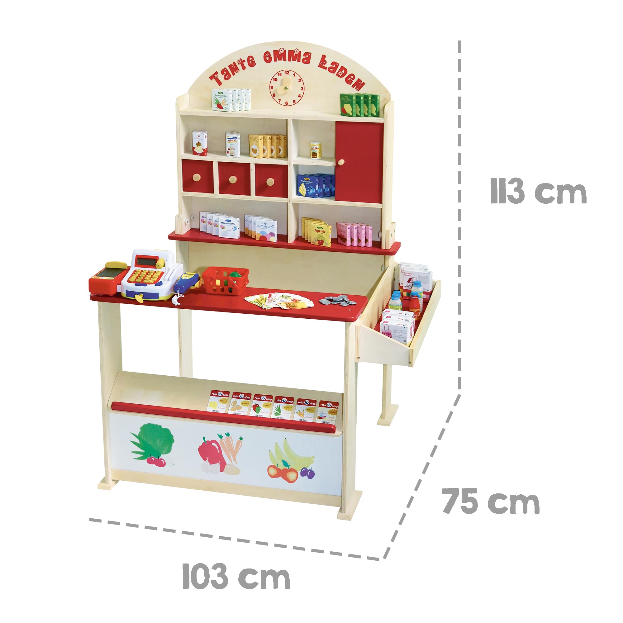 roba Kaufladen 'Tante Emma', Holz natur, mit Theke, Tafel, Seitentheke & Markststand Bedruckung, mit Regale