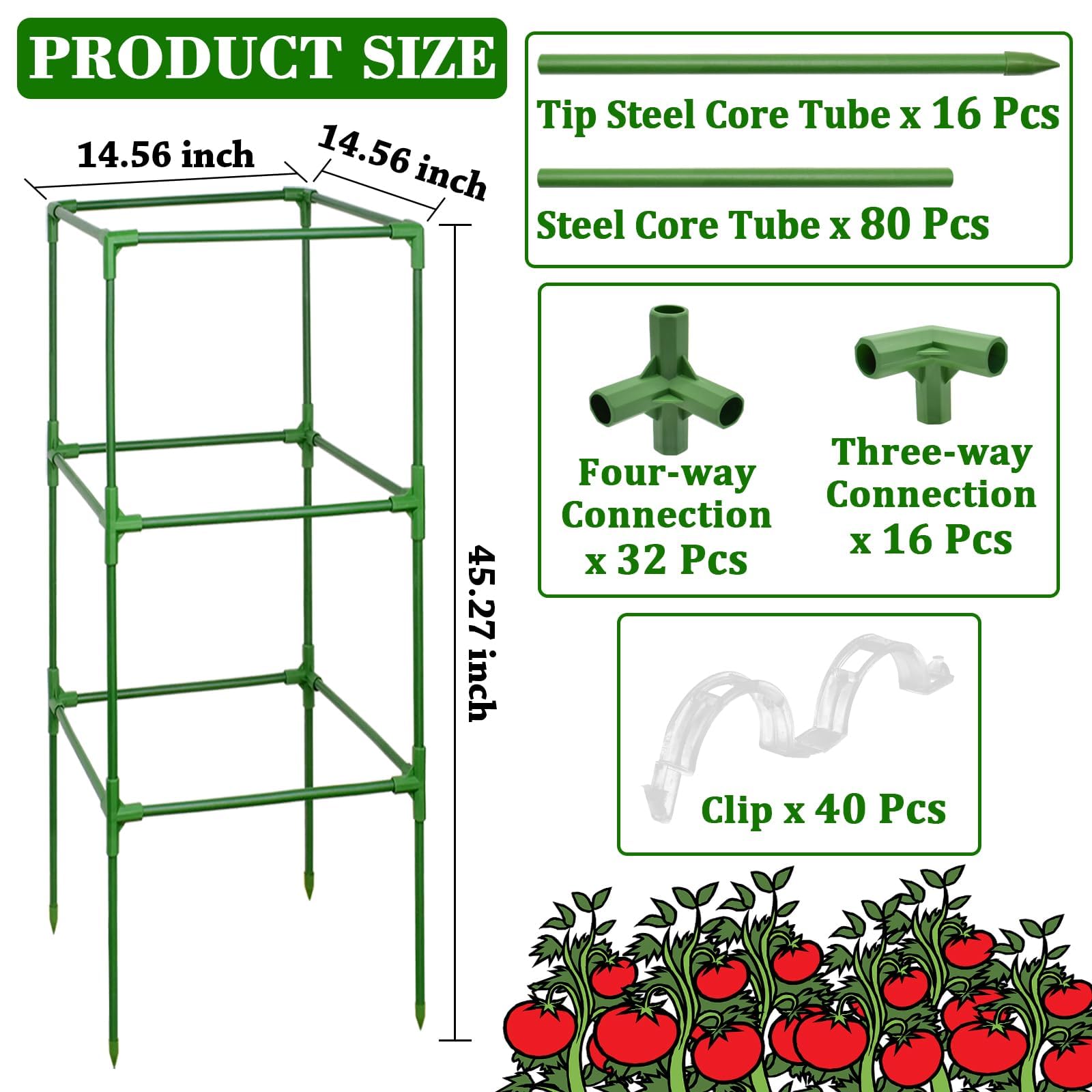 ZeeDix Paquete de 4 jaulas de tomate para soporte de plantas de jardín, 45 pulgadas, cuadradas, ajustables, estacas de metal para plantas trepadoras, verduras, flores con 40 clips