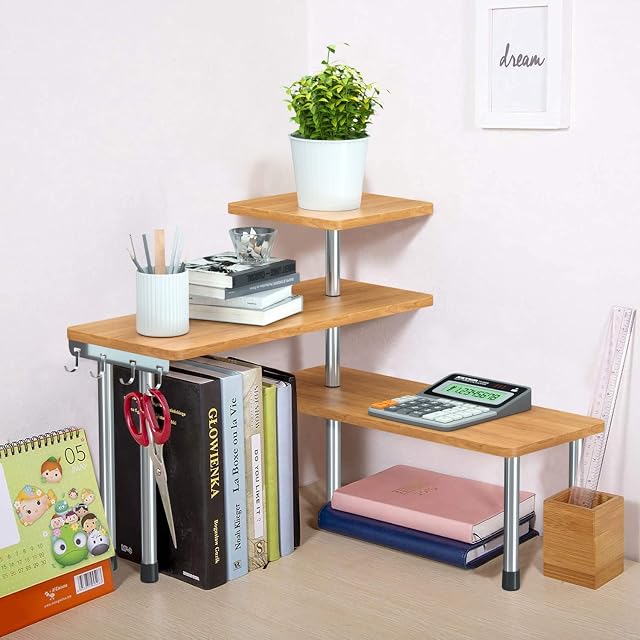 3 Tier Spice Rack with Hooks, Space Saving Organizer Corner Shelf, Free Standing Spice Racks, Adjustable Display Shelves for Kitchen storage, Storage Rack for Bedroom, Bathroom & OfficeNatural