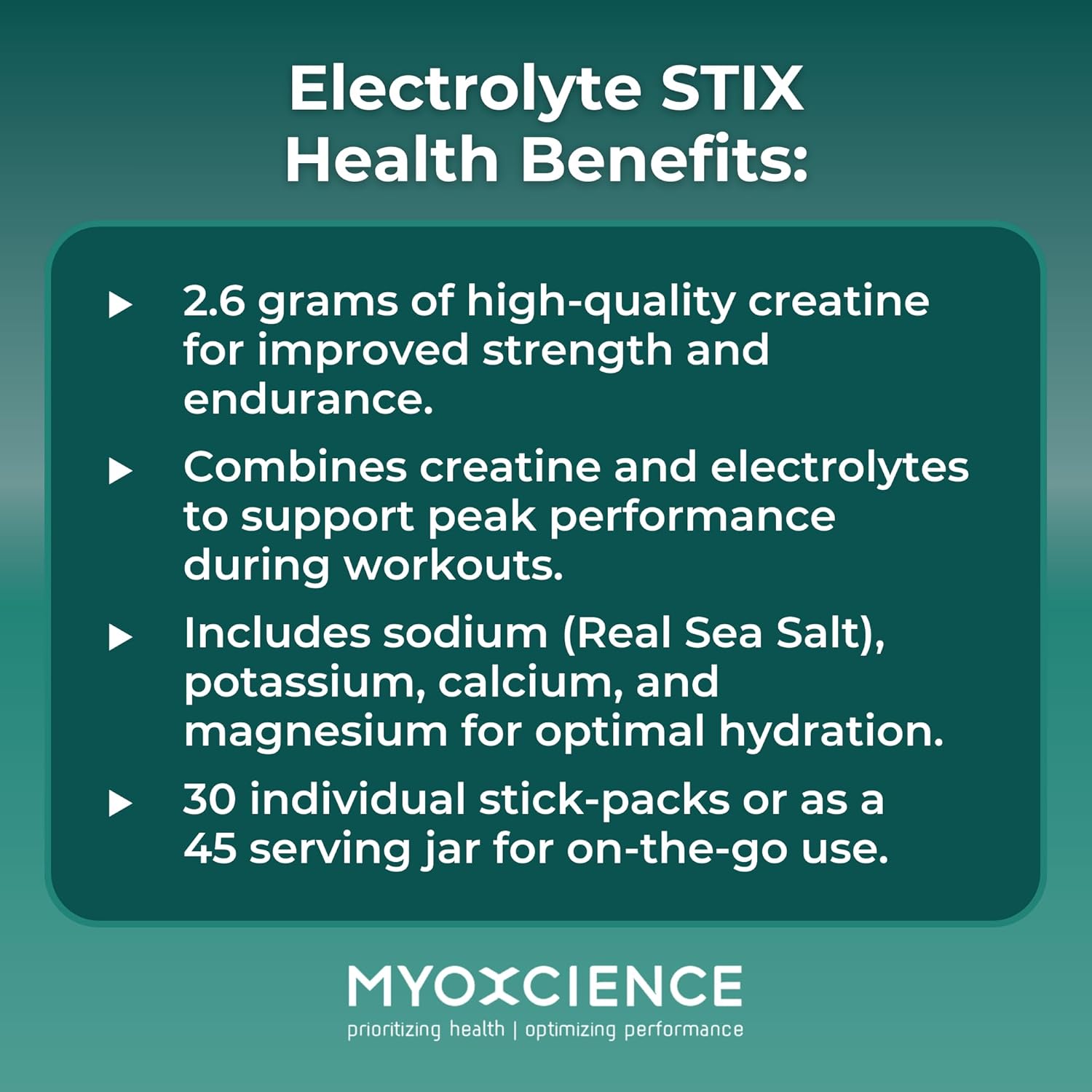 MYOXCIENCE Electrolyte STIX | Creatine Electrolyte Powder | Recovery from Exercise & Muscle Development w/Real Salt (Unflavored) (Jar 45 ct)
