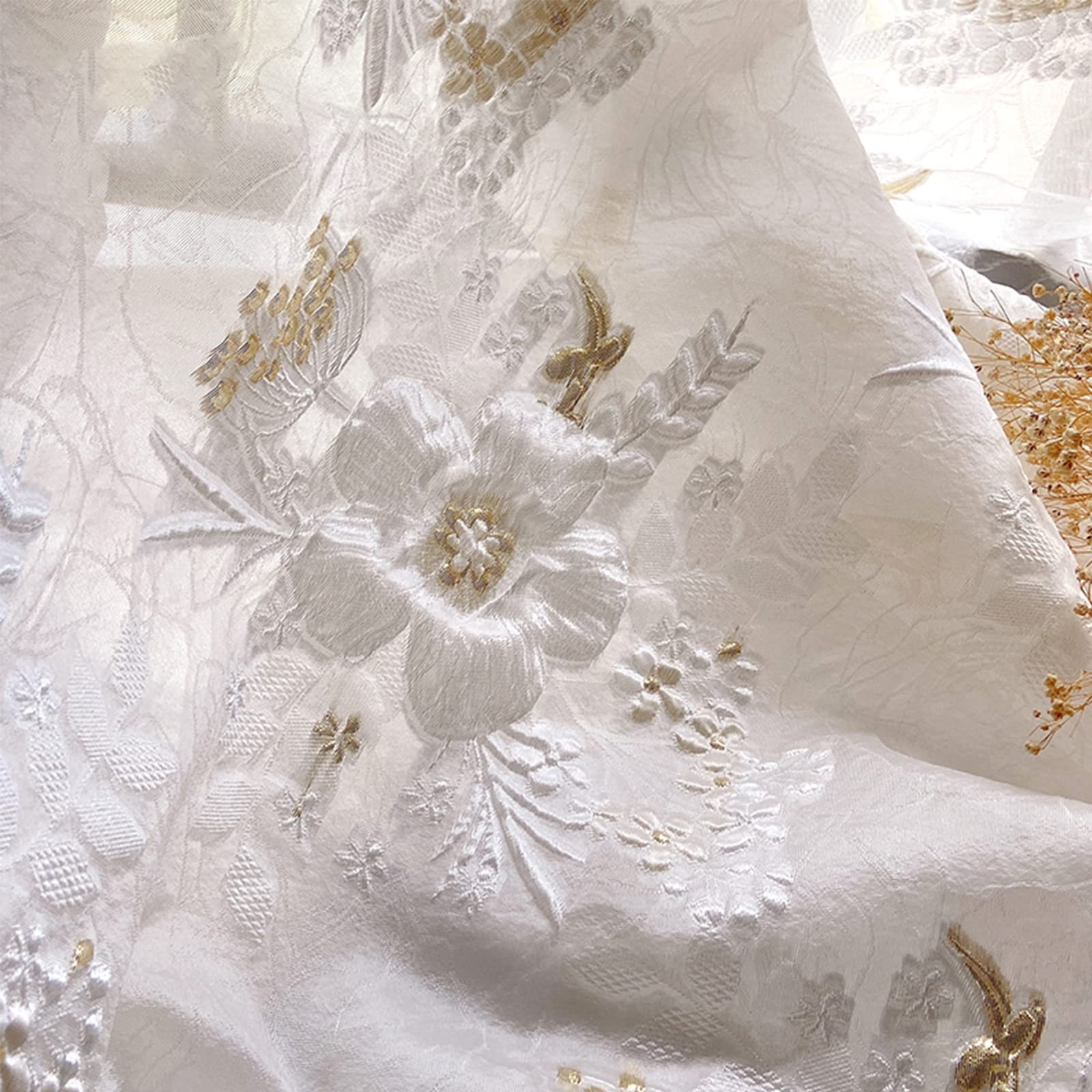 tela, Tela de satén seda con brocado y flores for coser tú mismo, Jacquard, elegante, dorada, diente león blancas, exquisita novedosa, suave, 145 x 50 cm