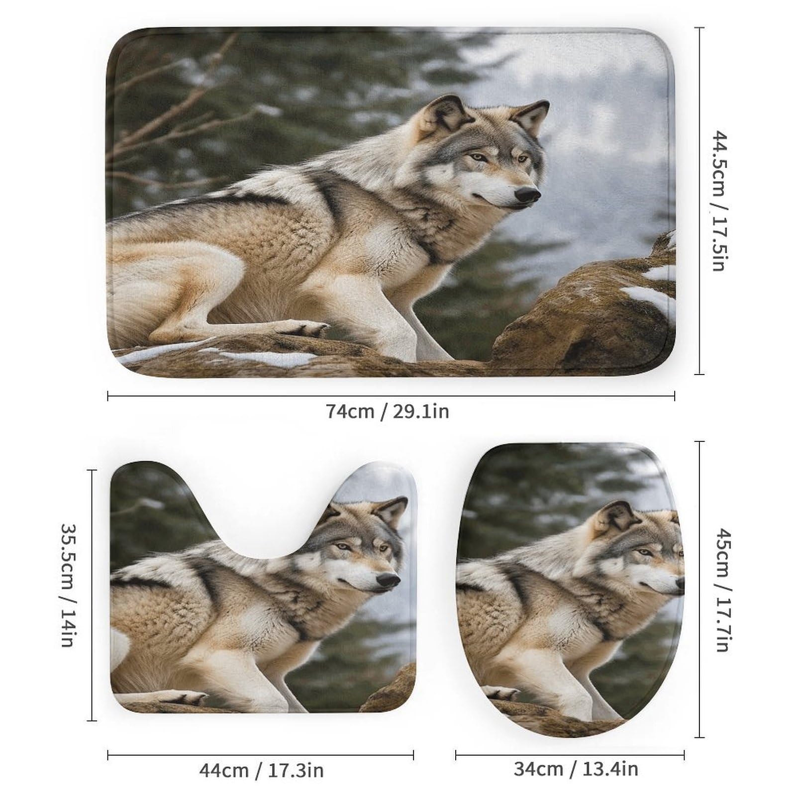 Ensemble de salle de bain 4 pièces avec rideau de douche et tapis Motif loup sauvage
