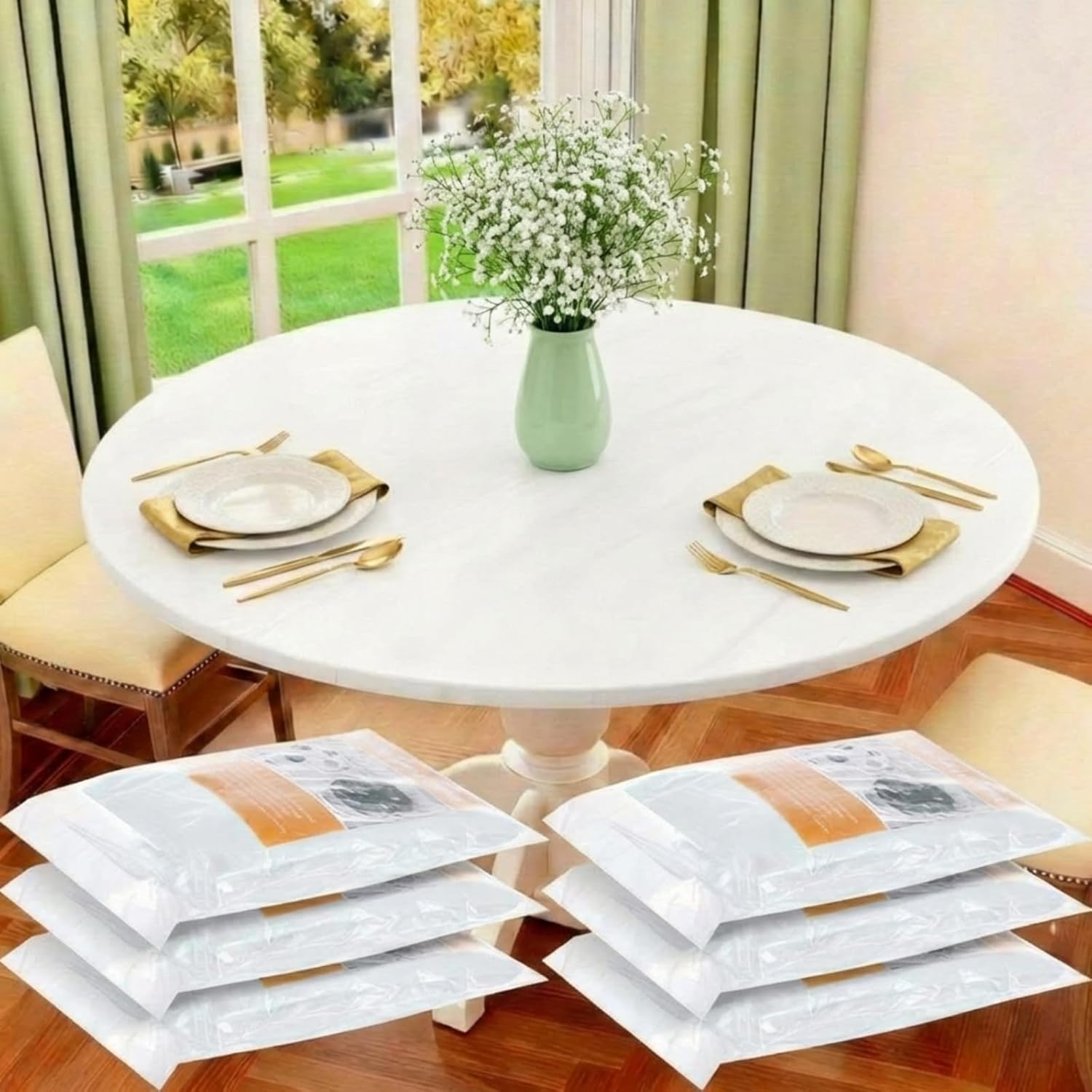 Boao 6 Pcs 60 Inch Round Plastic Fitted Tablecloth with Elastic Edge Design Waterproof Table Cover Plastic Tablecloth Protector for Thanks Giving Christmas Party Table (White)