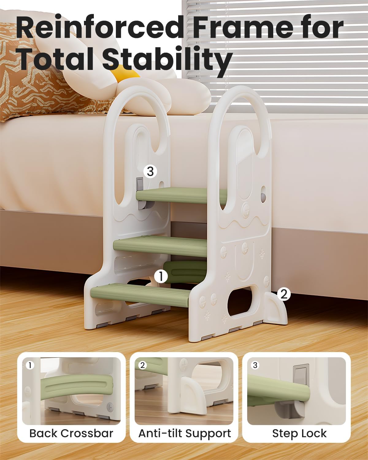 Sgabello per Bambini con Maniglie di Sicurezza, Regolabile a 2 o 3 Livelli, Pedana Alzabimbo Antiscivolo per Bagno, Cucina e Uso del Vasino (Verde)
