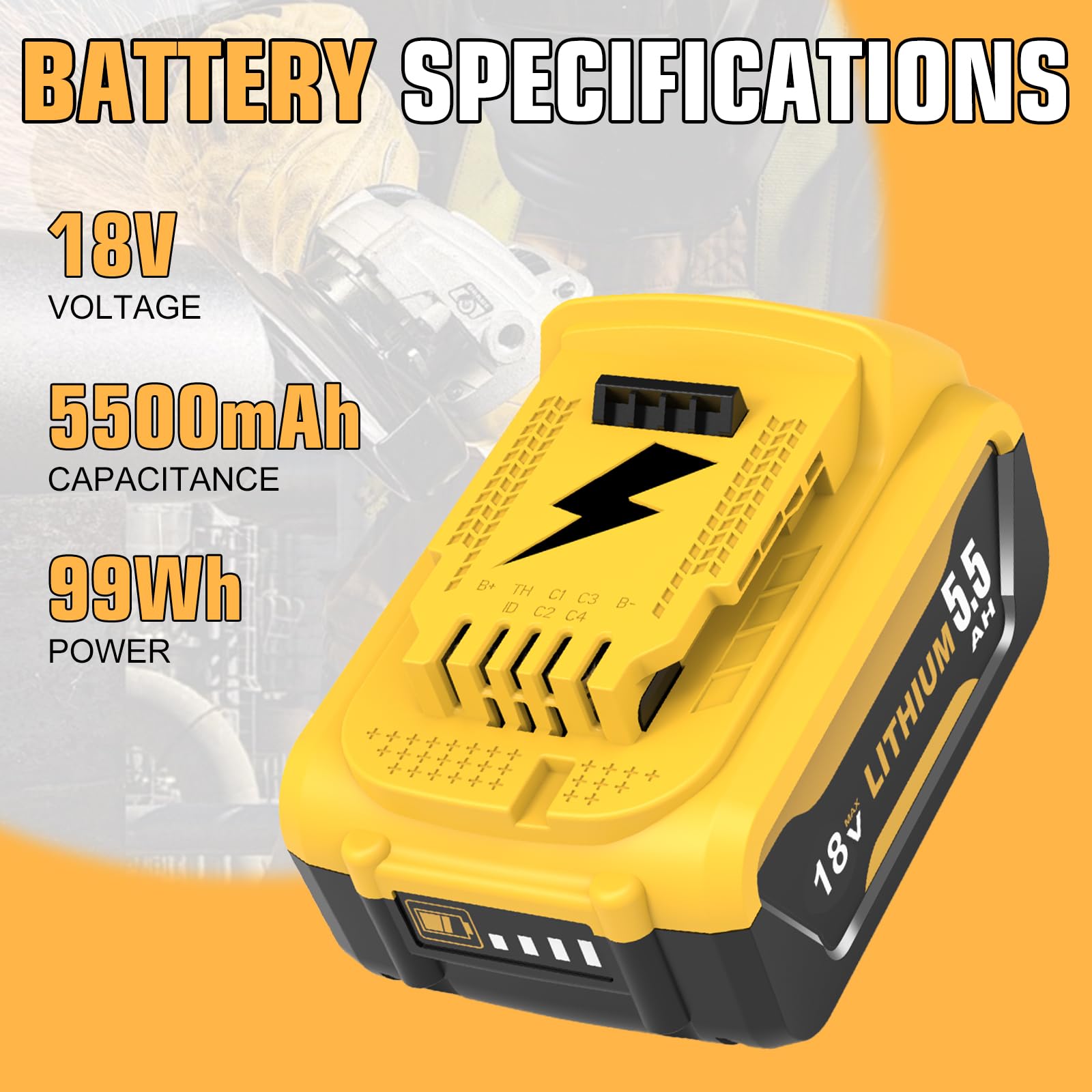 2X 5.5Ah Remplacement pour Dewalt Batterie 18V Compatible mit DCB184 | DCB182 DCB180 DCB200 DCB181 DCB201 DCB204 avec Indicateur LED pour Outils Électriques sans Fil Chantier Bricolag