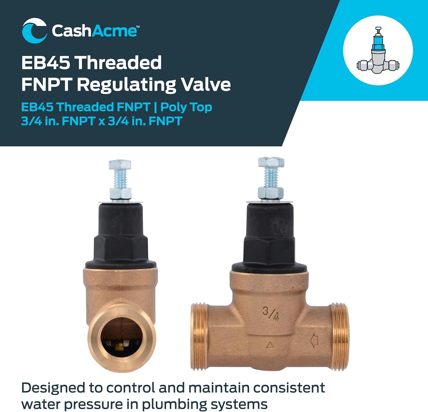 Cash Acme EB45 Pressure Regulating Valve, 3/4 Inch NPT Threaded, Poly Top, 60 PSI, PVA16P-DTH-60