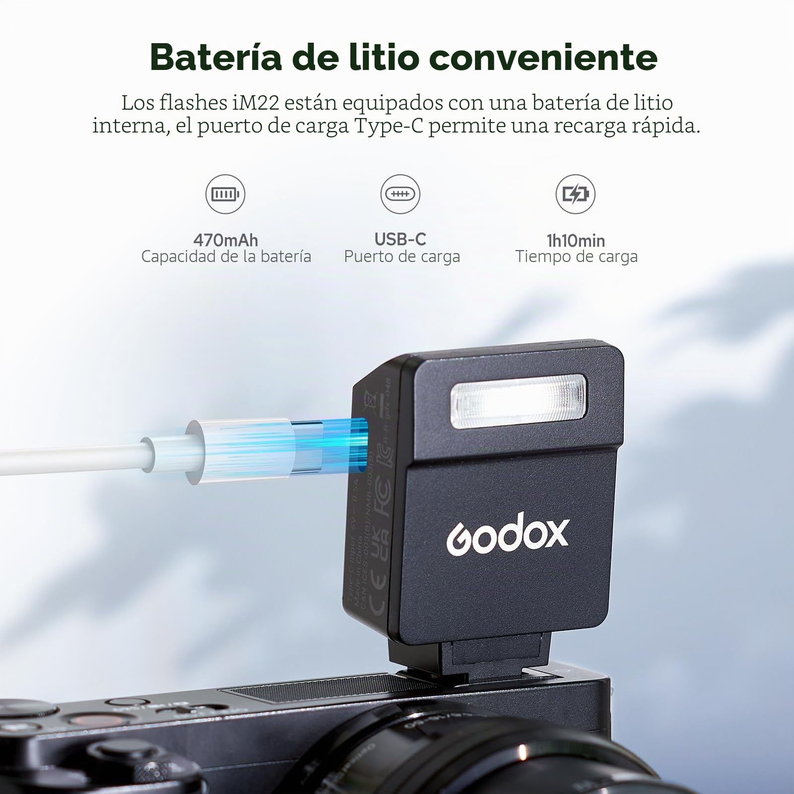 Godox iM22 - Cámara flash compacta, 5 niveles de potencia, 440 flashes de plena potencia, diseño de garra de contacto único, compatible con múltiples marcas
