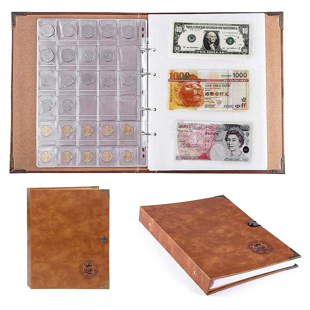 Primst Brown Leather Coin Holder, Coin Collecting Album Book Storage For Collectors, Holds 150Pcs Coins And 240Pcs Paper Money, Currency Collection Holders