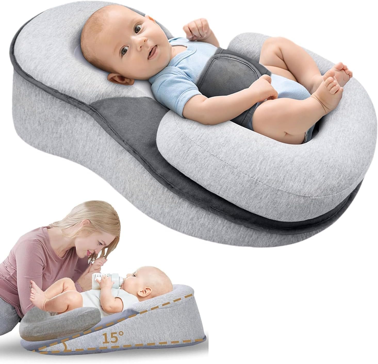 ZUSKYZU Babynest Dream Nest Babybett Lindert Koliken ，um Sodbrennen und schmerzhafte Blähungen zu reduzieren. 15°-Neigung. Sicheres und bequemes Kuschelnest tragbar (Lichtung mit Grauer Waffel)