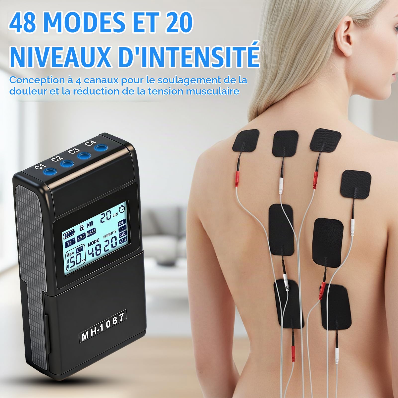 Électrostimulateur Musculaire 3 EN 1 TENS EMS Stimulateur Musculaire avec 48 Programmes et 20 Intensité Réglable Stimulation Électrique avec 8 Électrodes pour Douleur Rééducation Musculaire