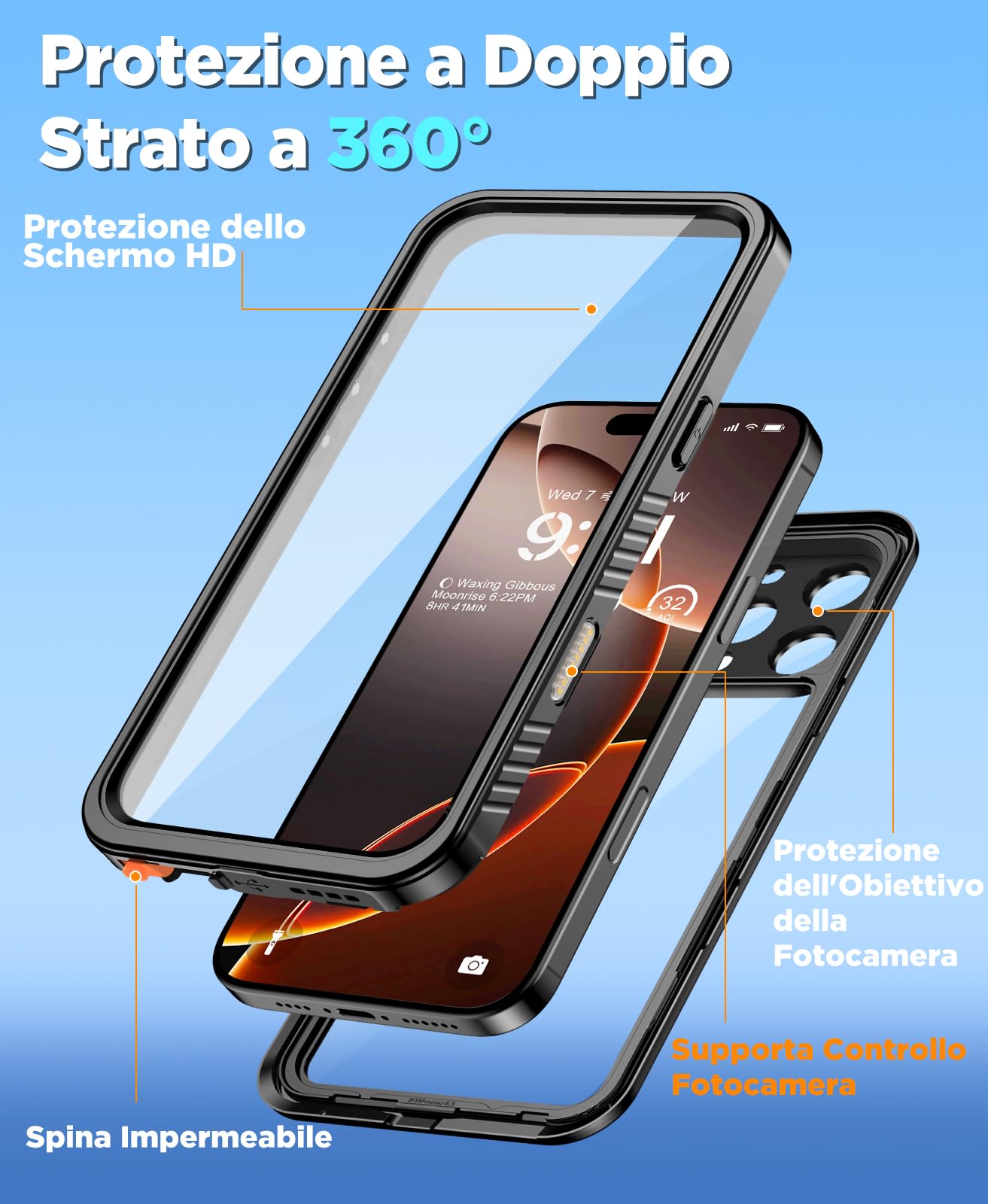 Beeasy Cover per iPhone 16 Pro Max Impermeabile - 360° Militare Antiurto Antipolvere Indistruttibile Resistente, con Protezione Schermo e Fotocamera, IP68 Waterproof Custodia, per Outdoor Subacquea