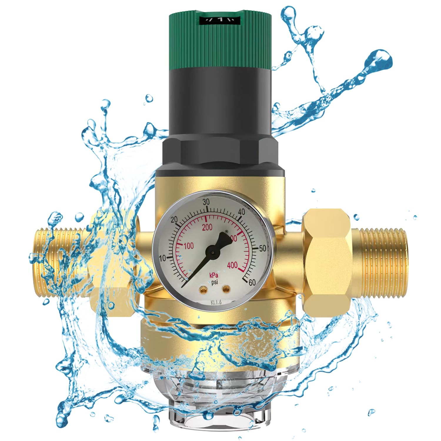 Water Pressure Regulator With Pressure Gauge, Water Filter, 1 Inch