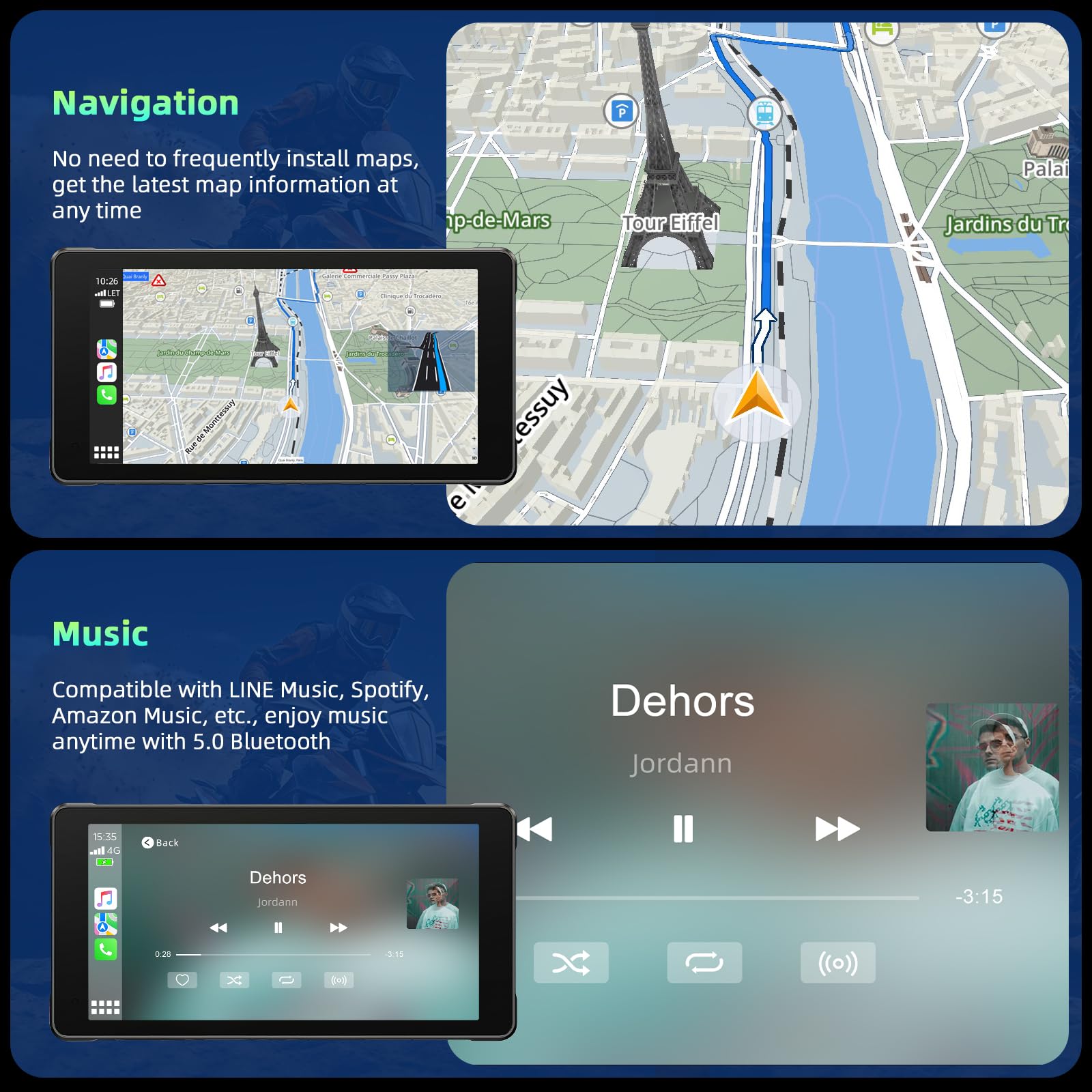 Volam Carplay Motorrad Android Auto, tragbares Display mit Dashcam, 2K+1080P, 5,5 Zoll Wasserdichter Touchscreen, Navigation, Siri/Google Assistant, APP, 64TF-Karte