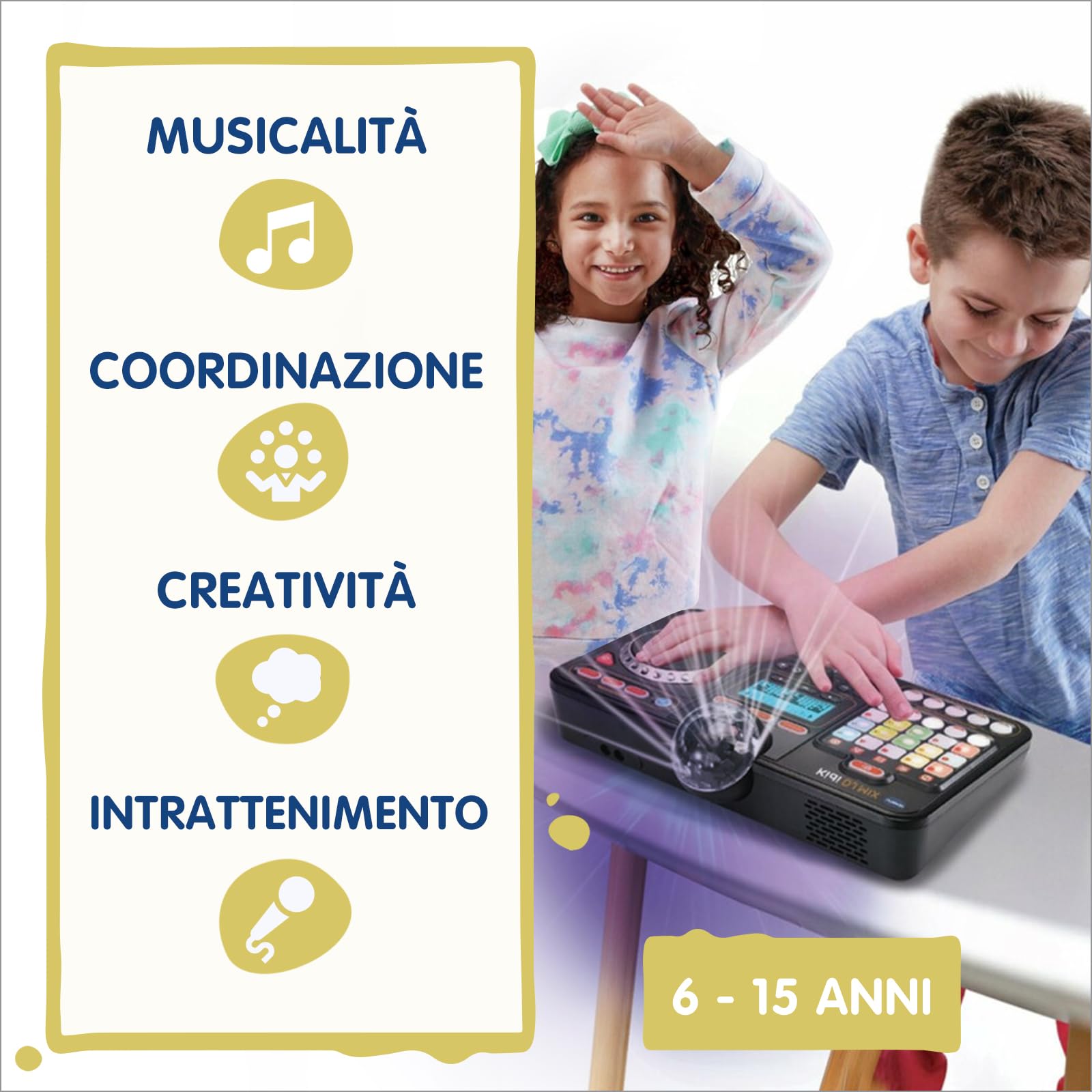 VTech Kidi DJ Mix, Console da DJ per Bambini, Effetti Luminosi da Concerto, DJ Mix da Bambini con Microfono, Collega il Tuo Lettore MP3, Jack o Bluetooth, Lingua Italiana, Batterie Incluse, 6+ Anni
