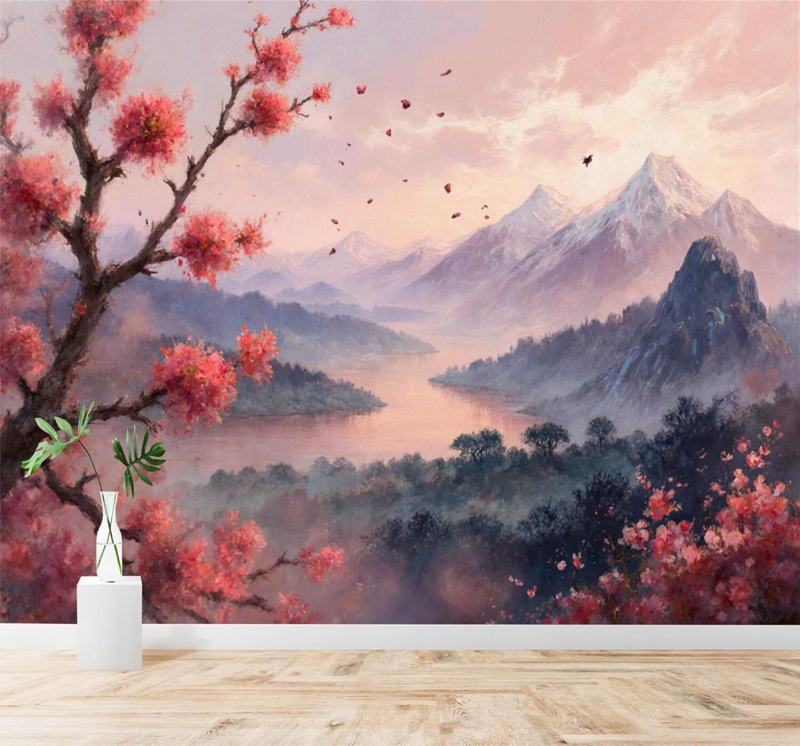Tzxztt Pink Cherry Blossoms Mist Shrouded Mountains River Landscape Modern 3D Wallpaper Premium Textured Silk Neutral Tones Material Ideal for Living Room Bedroom-430cm×300cm
