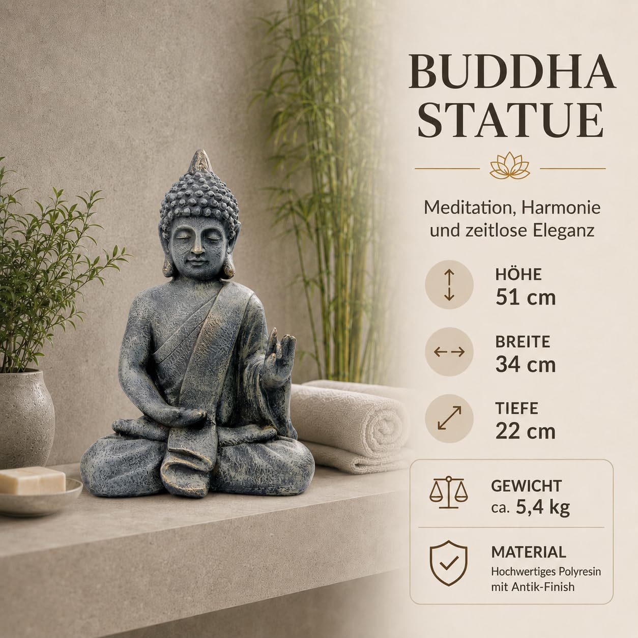Buddha Figur Groß 52cm Betend – Buddha Statue in Steinoptik – Deko Skulptur für Wohnzimmer Innen, Zen Feng Shui Dekofigur