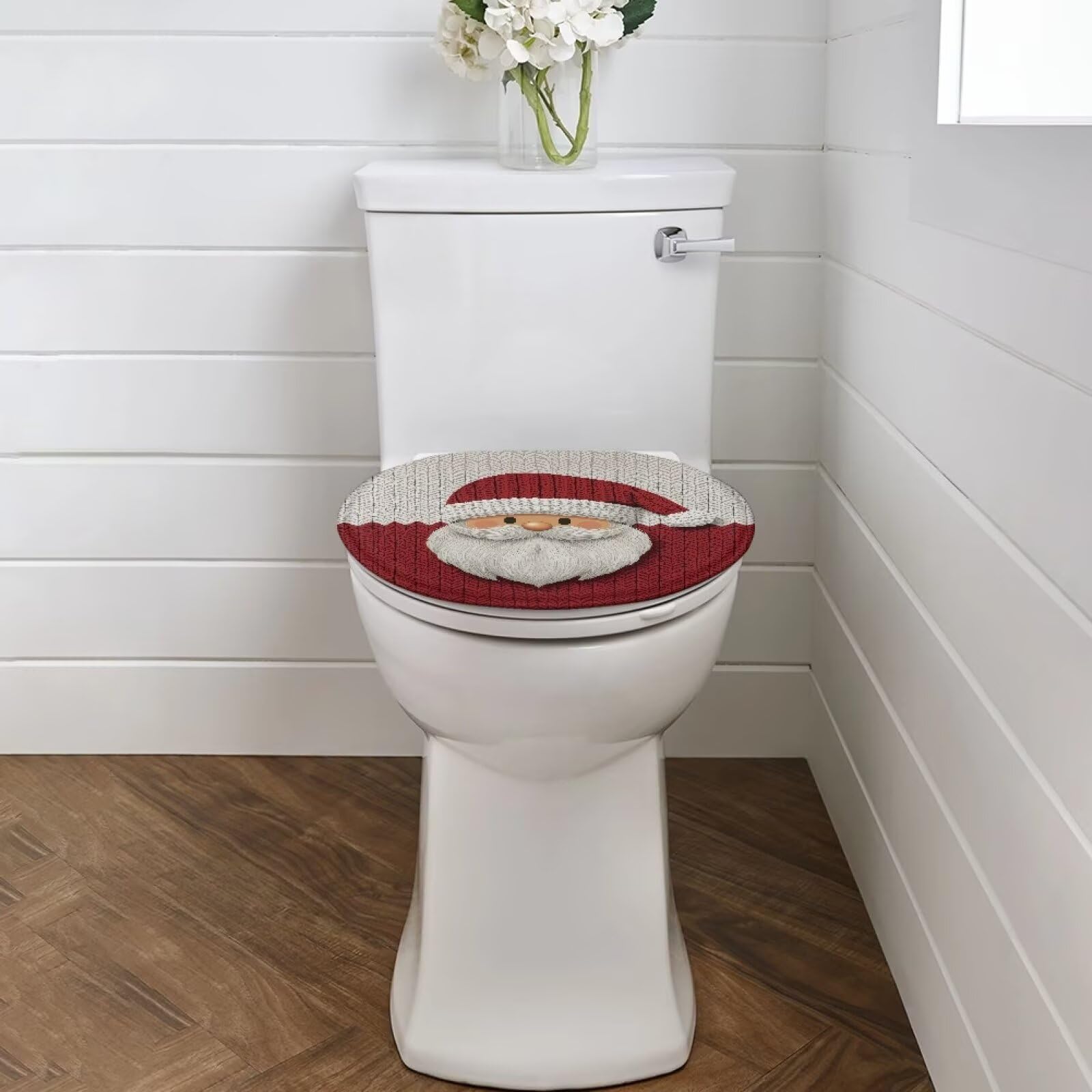 Uorisanigo Knit Print Santa Claus Toilet Seat Lid Cover Christmas Decor Toilet Lid Covers for Bathroom Washable Elongated Toilet Seat Cover Fits for Most Oval Oblong Lids Xmas Theme