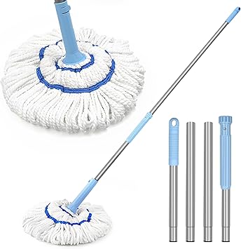 NEWE Self Wringing Twist Mop for Floor Cleaning, Upgraded 18-inch Wide Microfiber Mops, 55 Inches Long Handle Wet Dry Kitchen Easy Squeeze String Mop for Wood, Hardwood, Tile, Marble Blue