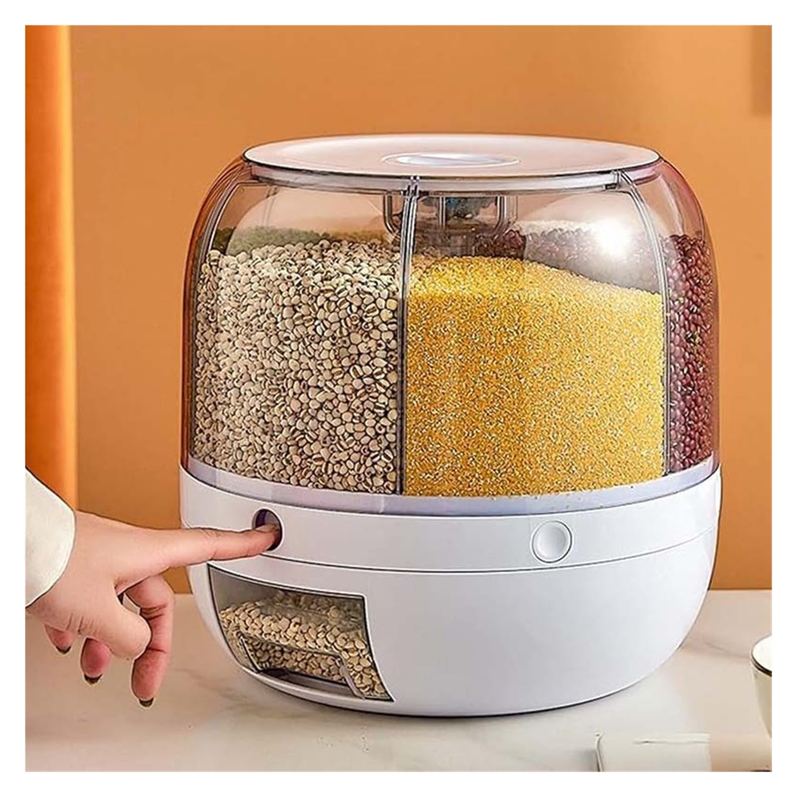 Contenedor dispensador de granos giratorio 360° de 6 compartimentos | Diseno de 6 compartimentos con salida de un toque, para arroz, granos y cereales secos, reutilizable