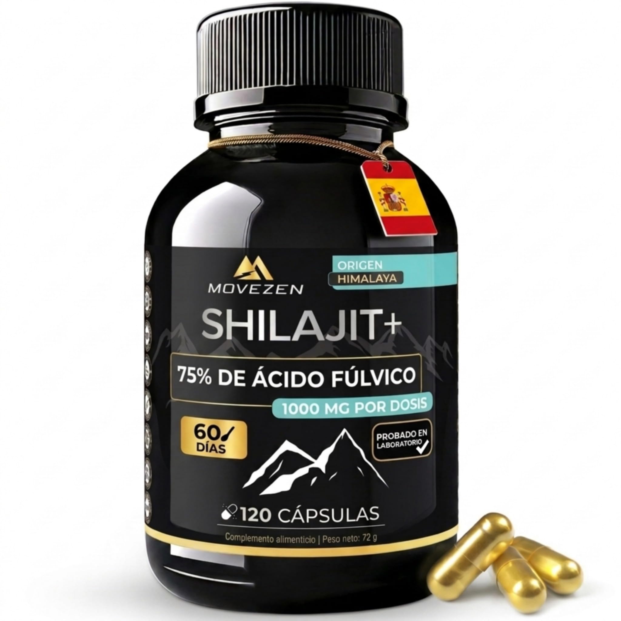 Shilajit+ Cápsulas Movezen, Himalaya, 120 Cápsulas Veganas, Sin Sabor, 1000 mg por Dosis, ≥75% Ácido Fúlvico, 85 Minerales, Hasta 120 Días, Analizado por Eurofins, Calidad Europea (Mumijo)
