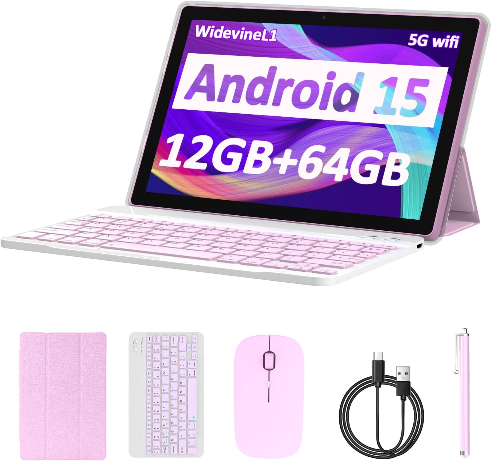 Android 14 tablet, 10 inch tablet, 8GB RAM+64GB ROM, 2 in 1 tablets with keyboard case and mouse stylus, 1.8GHz quad-core processor tablet, touch screen