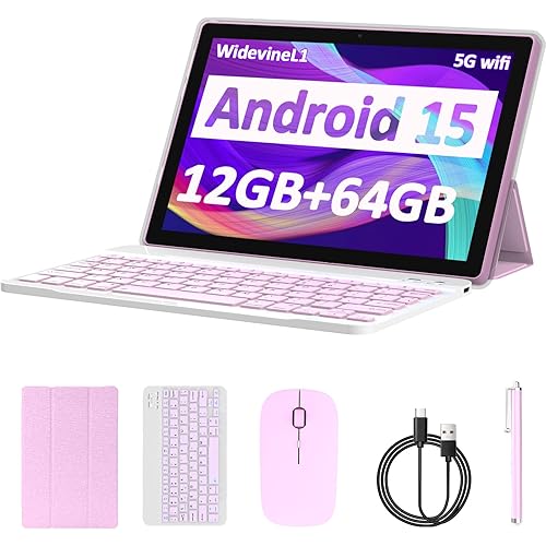 Tablet Android 15, 10 inch 12GB RAM+64GB ROM/1TB Expand, 2 in 1 Tablets with Keyboard Case Mouse Stylus, 1.8GHz Quad-core Processor, 1280*800 IPS HD Touch Screen, 8MP Camera, 5G Wi-Fi 6 BT5.0 Computer