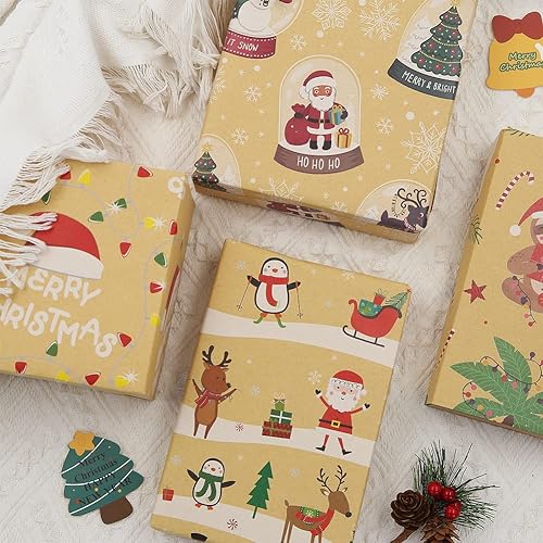 Miniatura 5 de Unigift Papel de regalo de estraza marrón de Navidad, 8 hojas de papel de regalo plano plegado de Navidad, papel reciclable para niños, niñas,